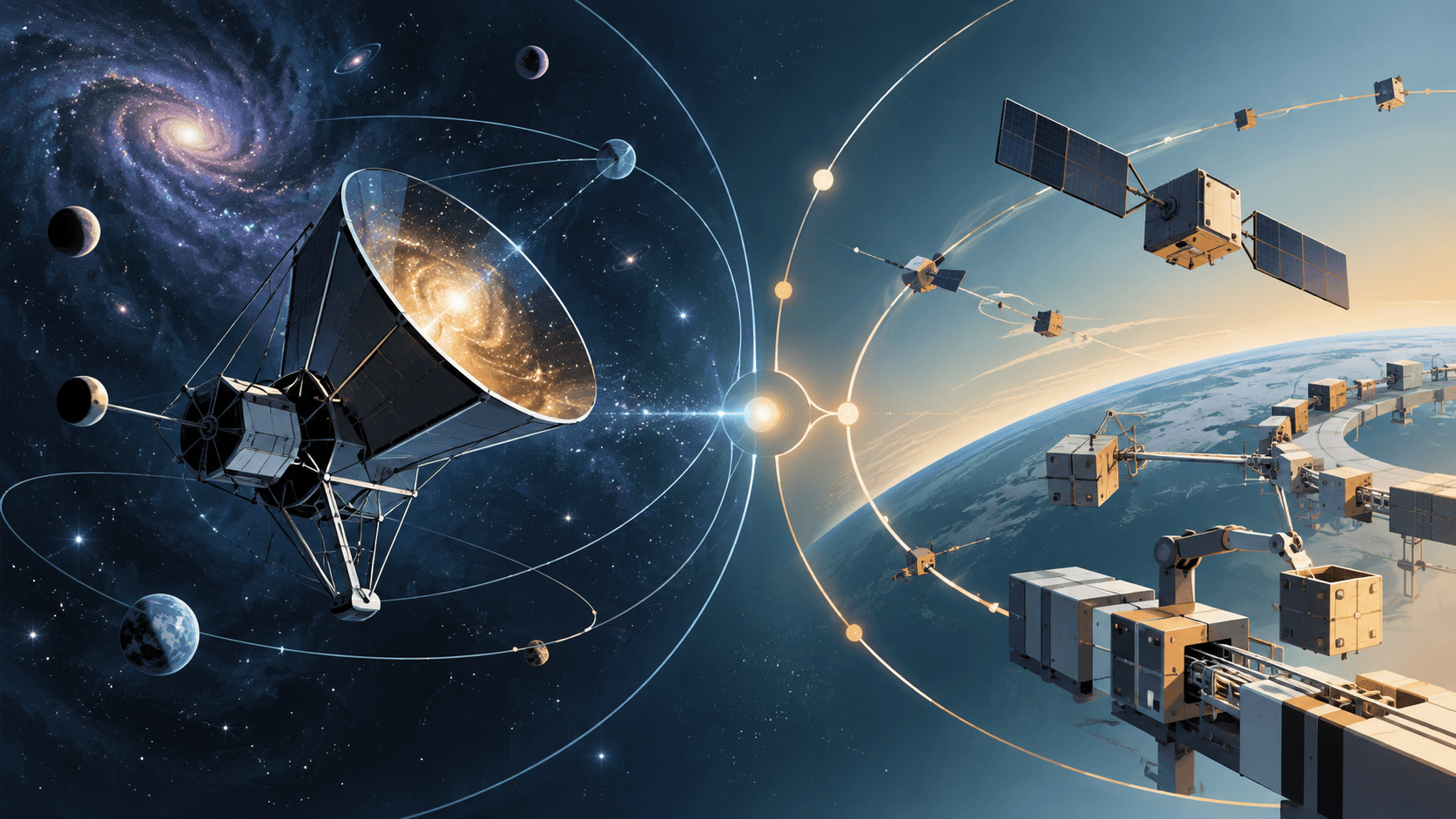 Conceptual illustration of a deep-space research instrument linked by orbital arcs to abstract satellites and modular space hardware