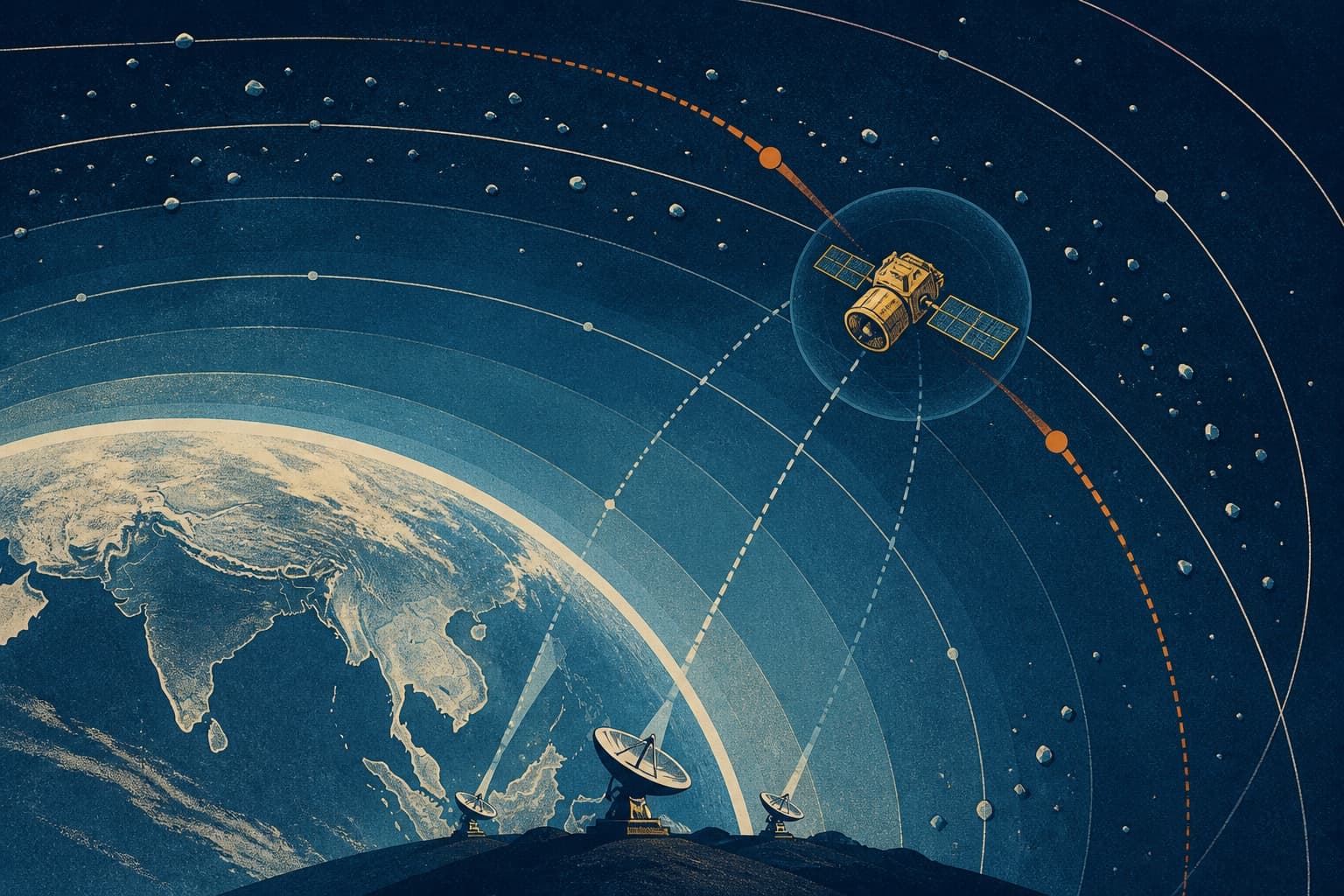 Editorial illustration of tracking stations monitoring close approaches around an Indian satellite