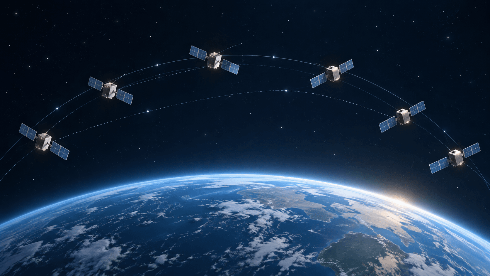 Conceptual illustration of six generic satellites tracing orbital paths above Earth's curved horizon