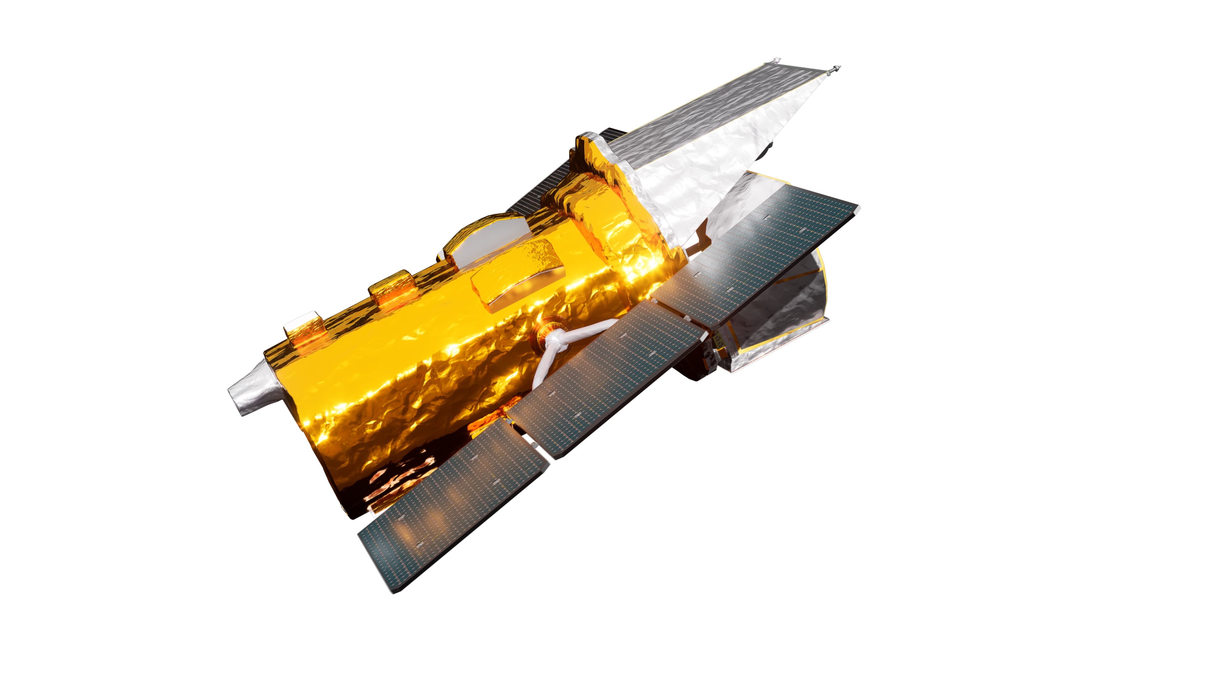 Artist’s concept of the gold-and-white Swift observatory with its solar arrays extended against a white background