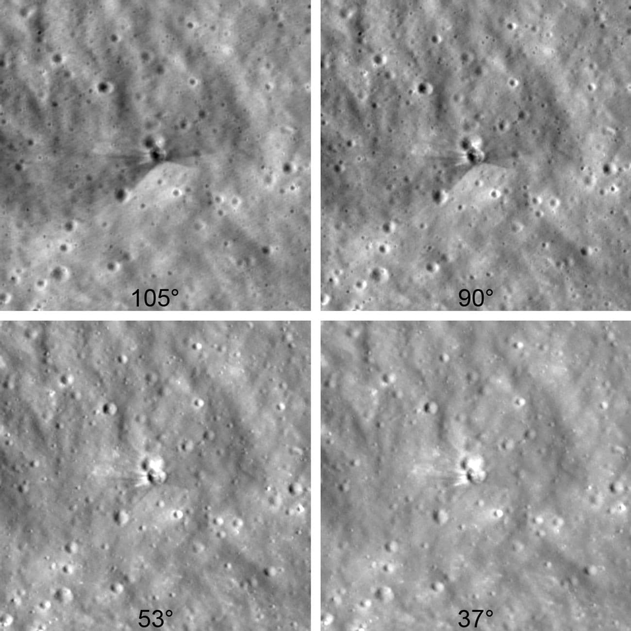 Four grayscale LRO views of the Falcon 9 impact crater and its bright and dark ejecta rays at different viewing angles