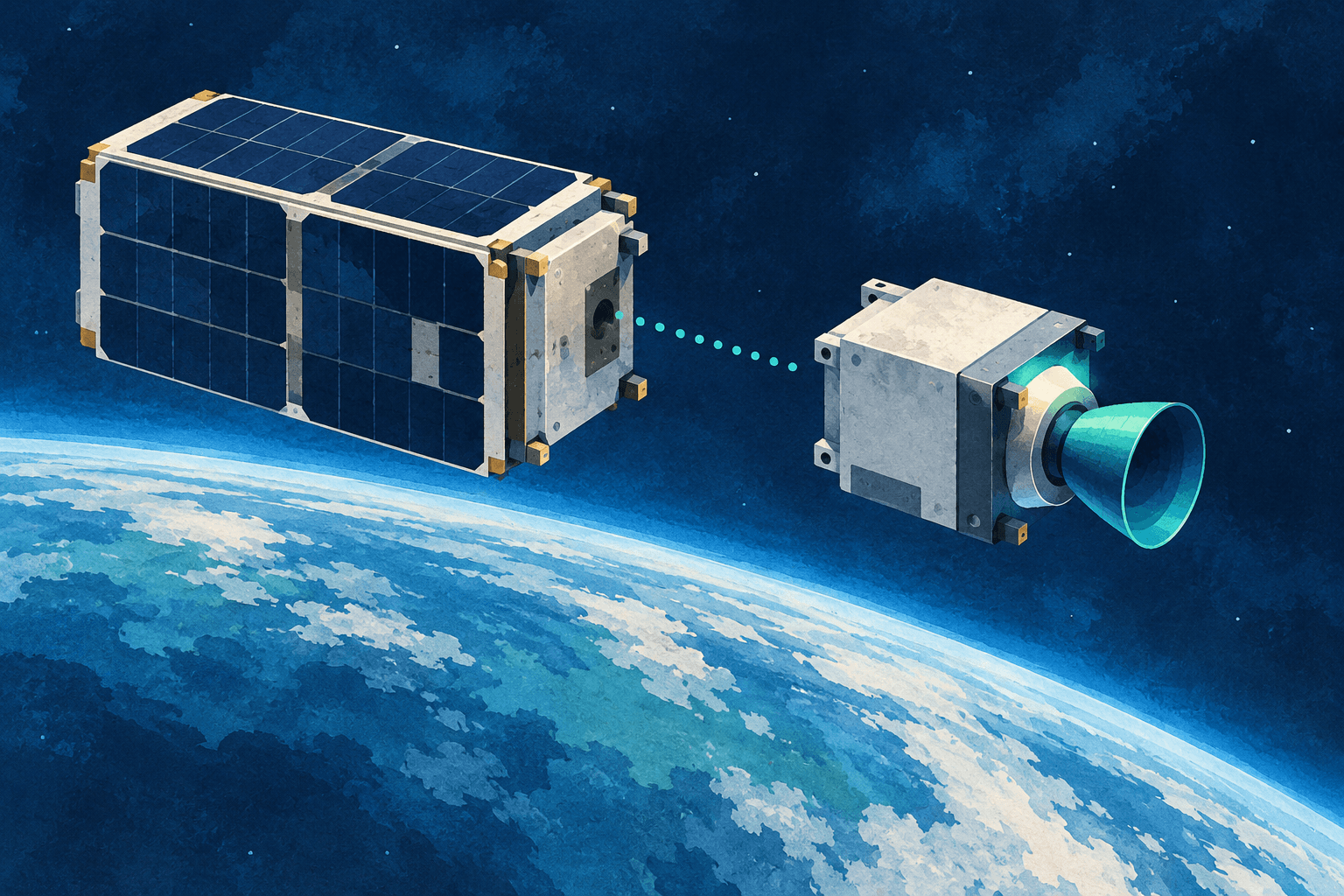 Painted satellite bus and separate turquoise propulsion component linked by a dotted line above Earth