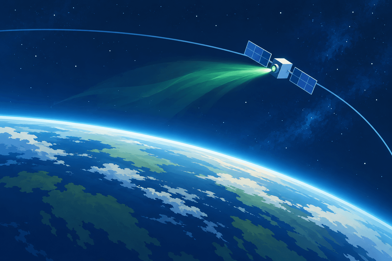 Painted geometric satellite with a green trail above the curved blue Earth and a thin orbital line