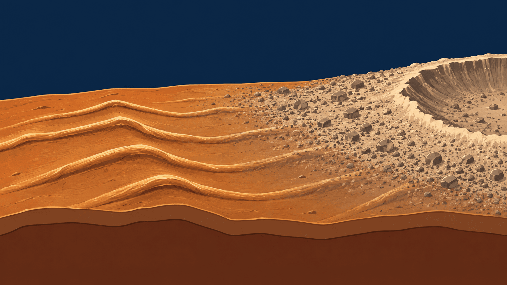 Conceptual cross-section of bright wrinkle ridges fading beneath a rough impact-debris blanket on a stylized planetary surface