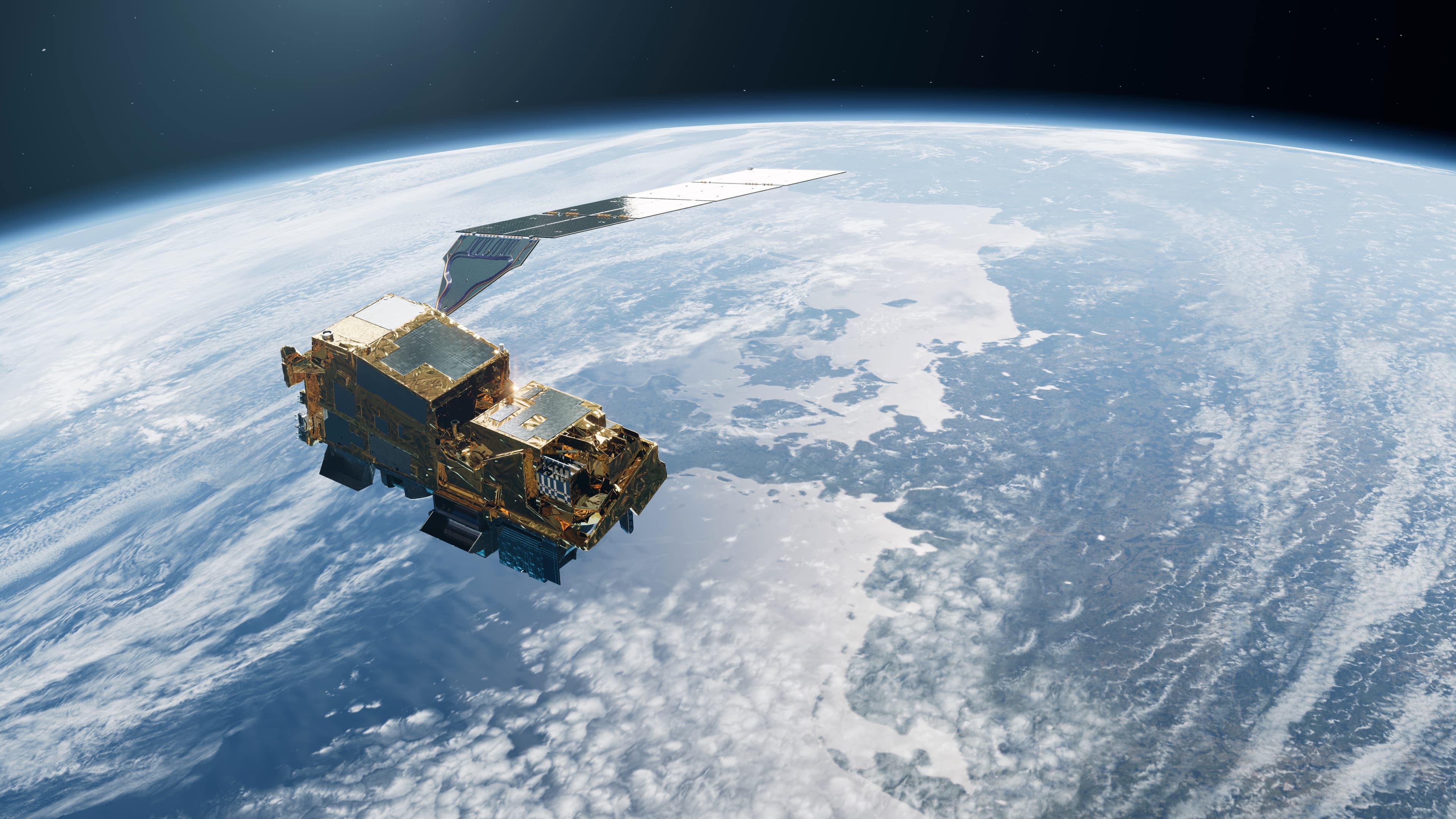 Artist’s rendering of a gold-covered Metop A-type satellite and its long solar array above a cloudy Earth
