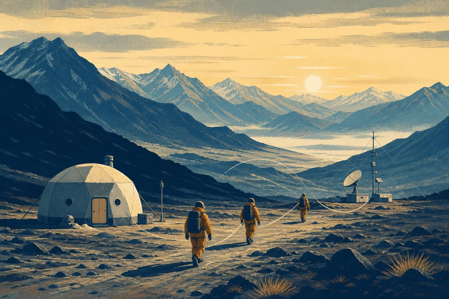 Editorial illustration of three research participants approaching an analogue habitat in the mountains of Ladakh