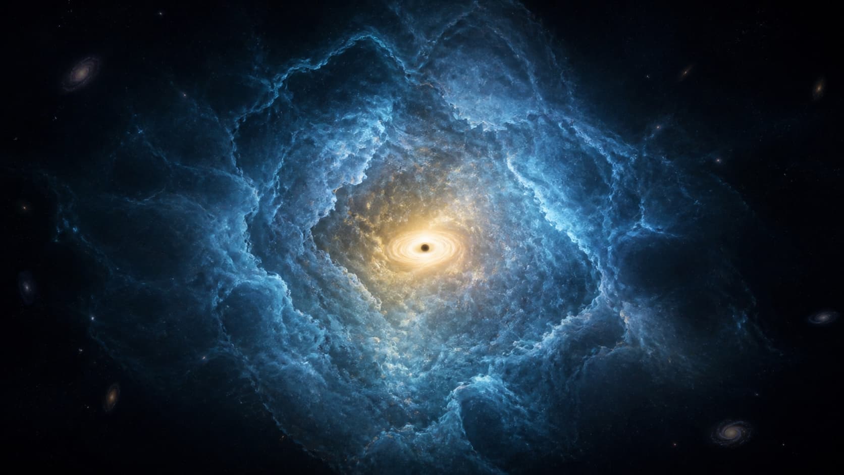 Original conceptual editorial illustration of a luminous black hole surrounded by a dense gas envelope