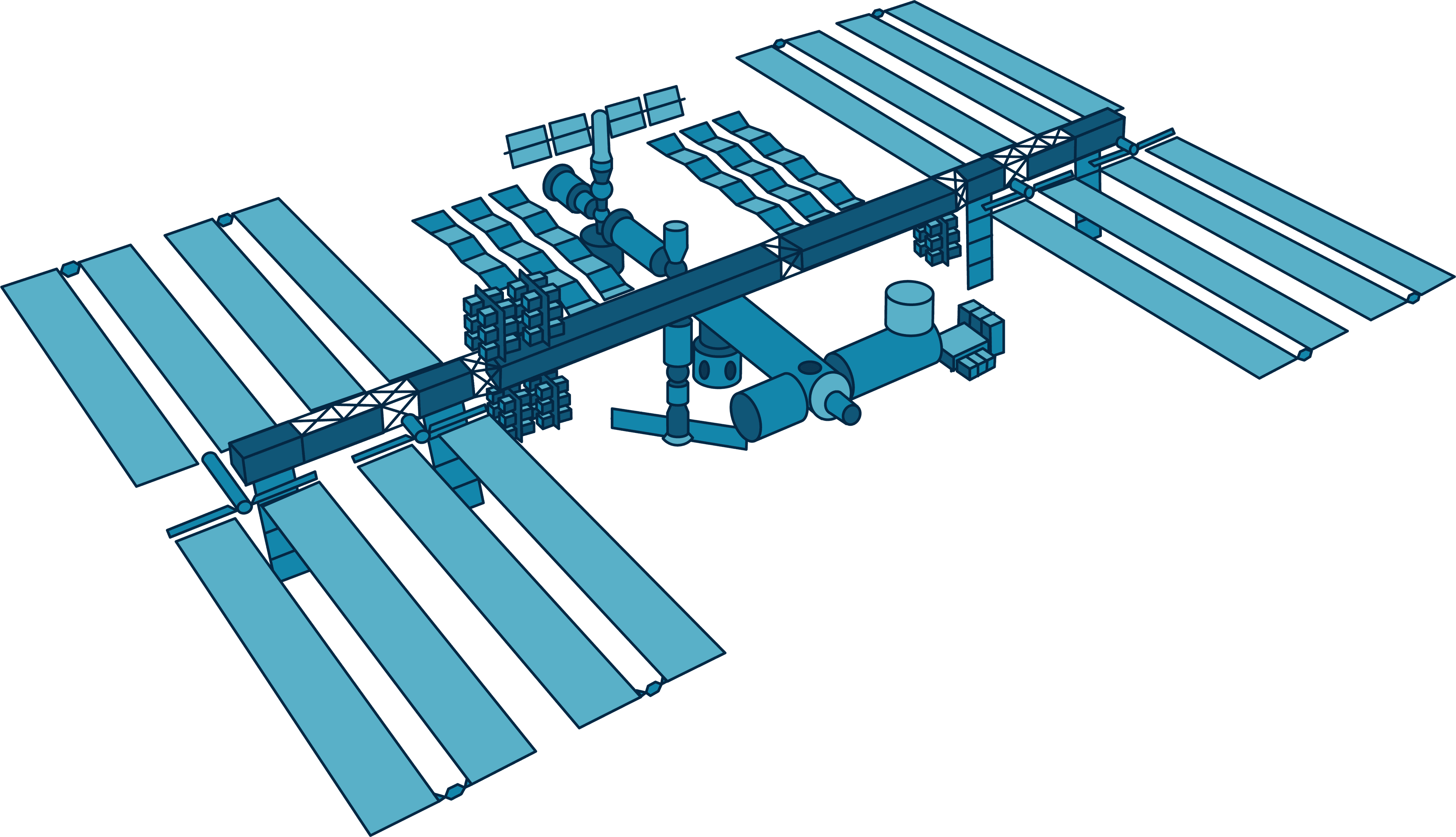 Blue illustration of the International Space Station with modules, radiators and long solar-array wings