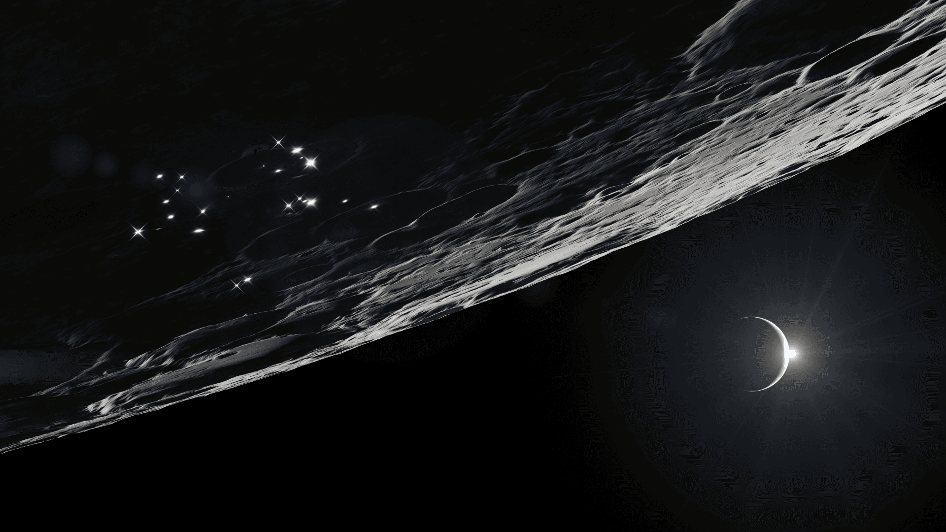 Artist’s rendering of illuminated infrastructure sites across rugged terrain near the lunar South Pole