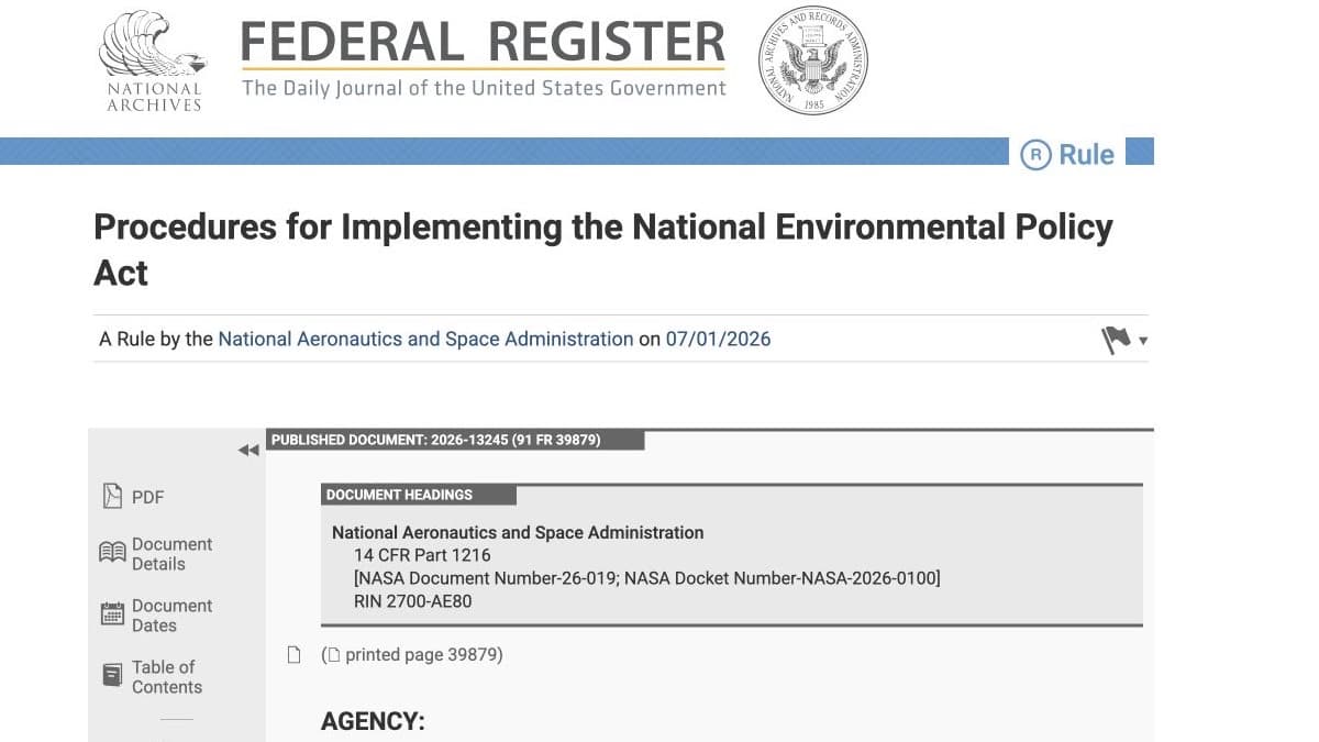 Federal Register page for NASA’s procedures implementing the National Environmental Policy Act, identifying 14 CFR Part 1216 and document 2026-13245