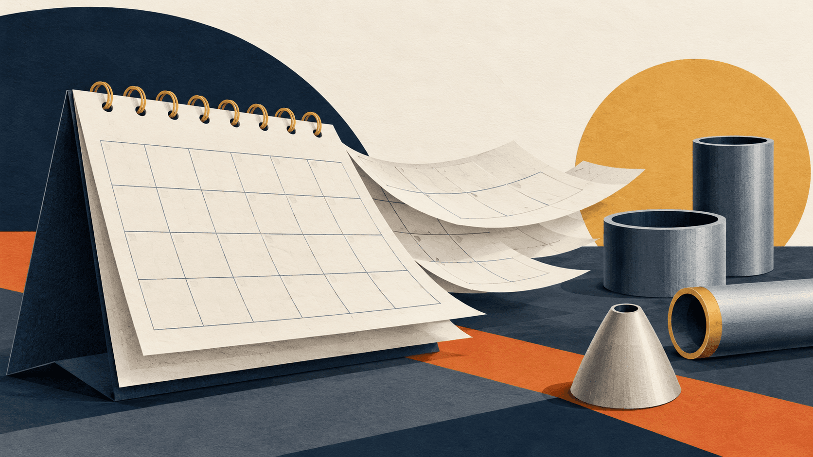 Paper-cut illustration of a blank calendar with loose pages beside separate cylindrical and conical shapes