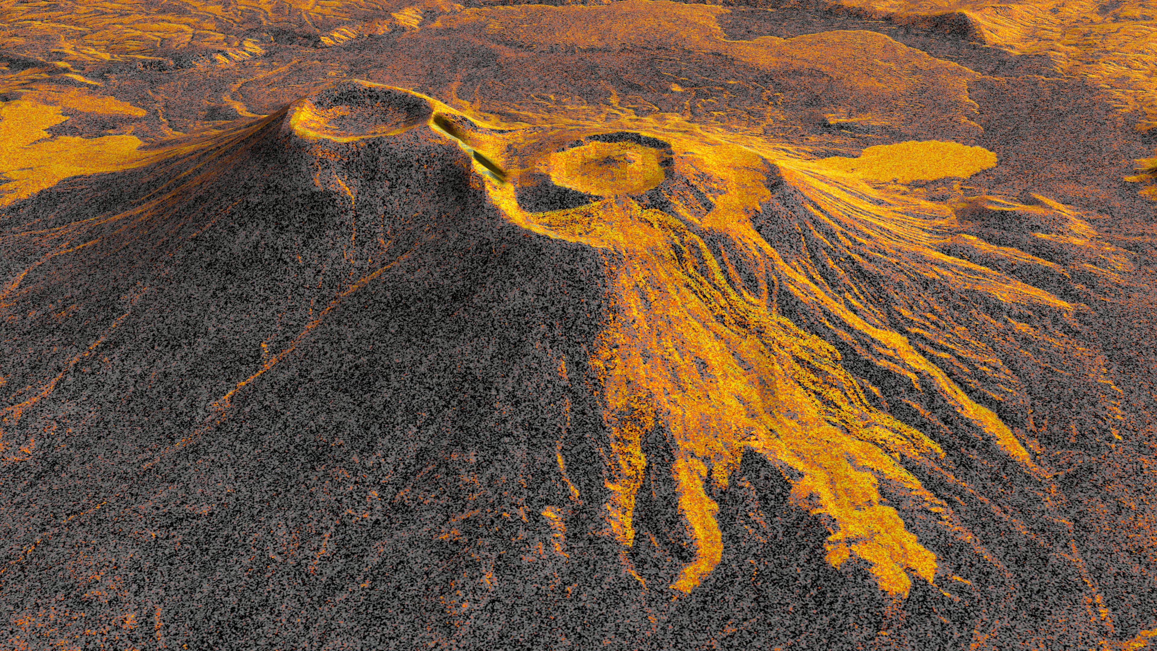 Orange-and-black radar visualization of a volcanic crater with a broad fan-shaped lava field extending down its slopes
