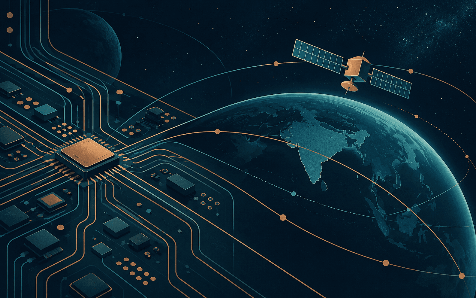 Conceptual illustration of a circuit board, orbital paths, Earth and a generic satellite