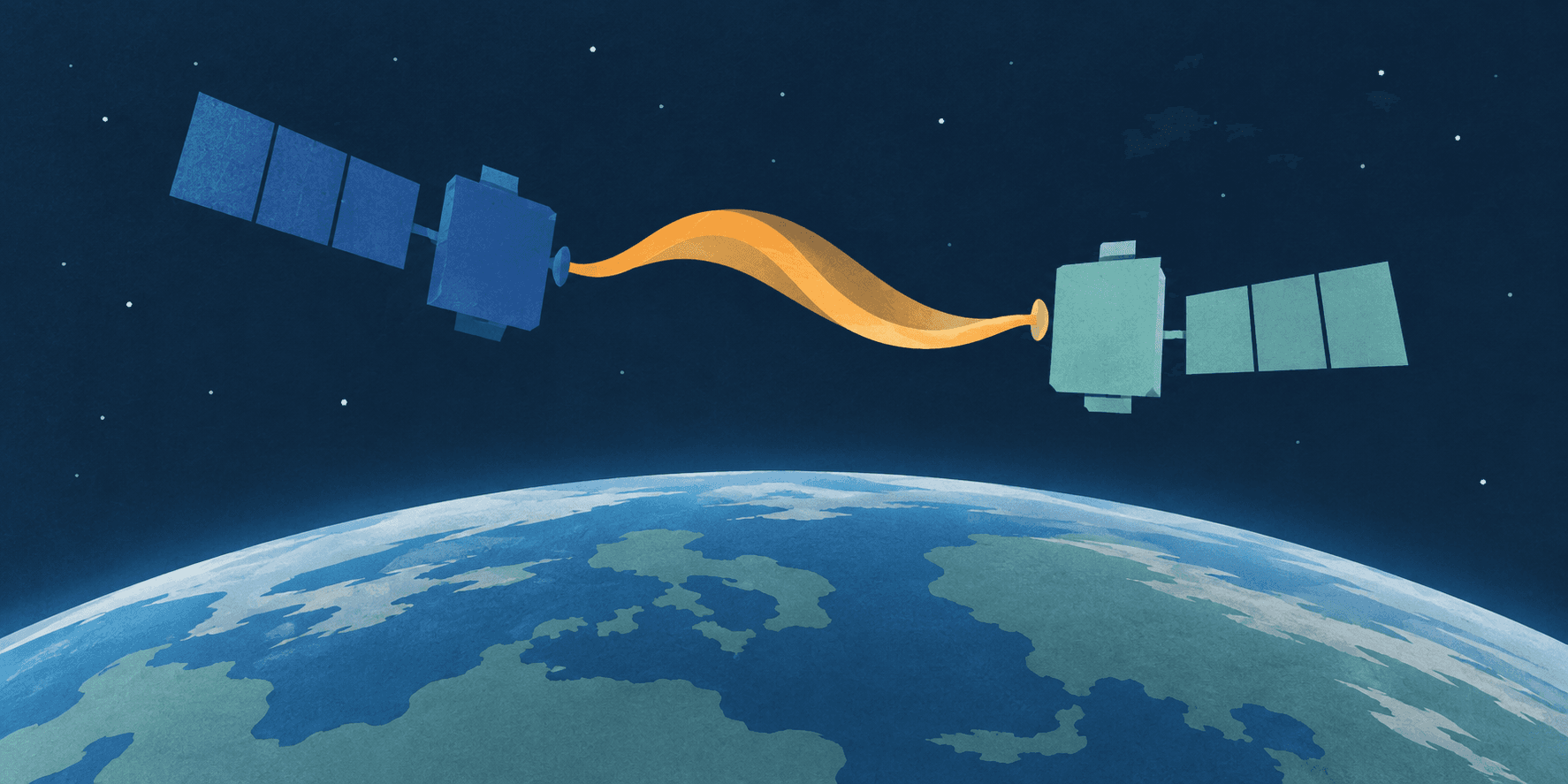 Blue and teal satellite symbols connected by an amber ribbon above a curved Earth horizon