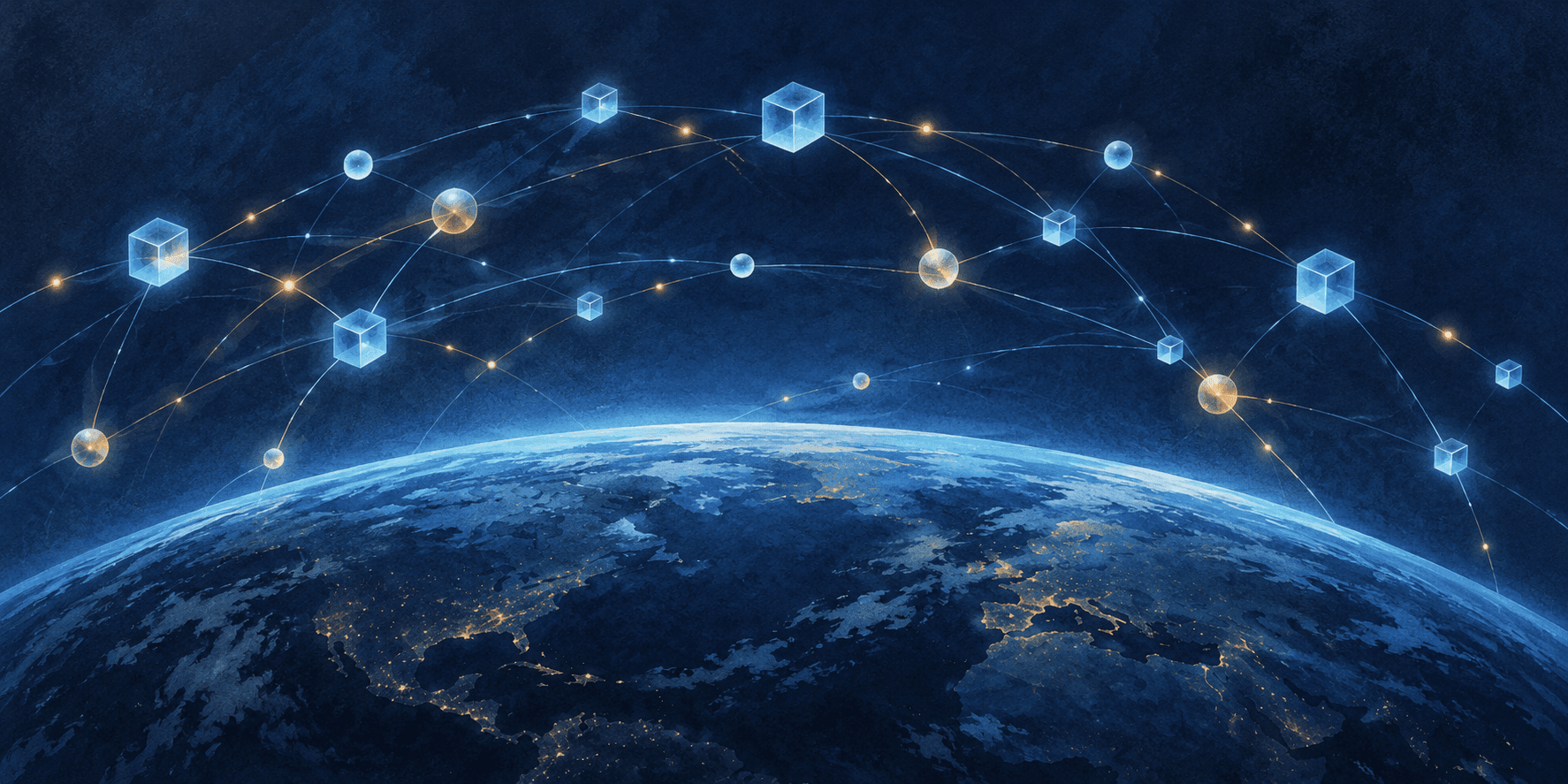 Glowing cubes and spherical nodes connected by thin arcs above a stylised blue Earth horizon