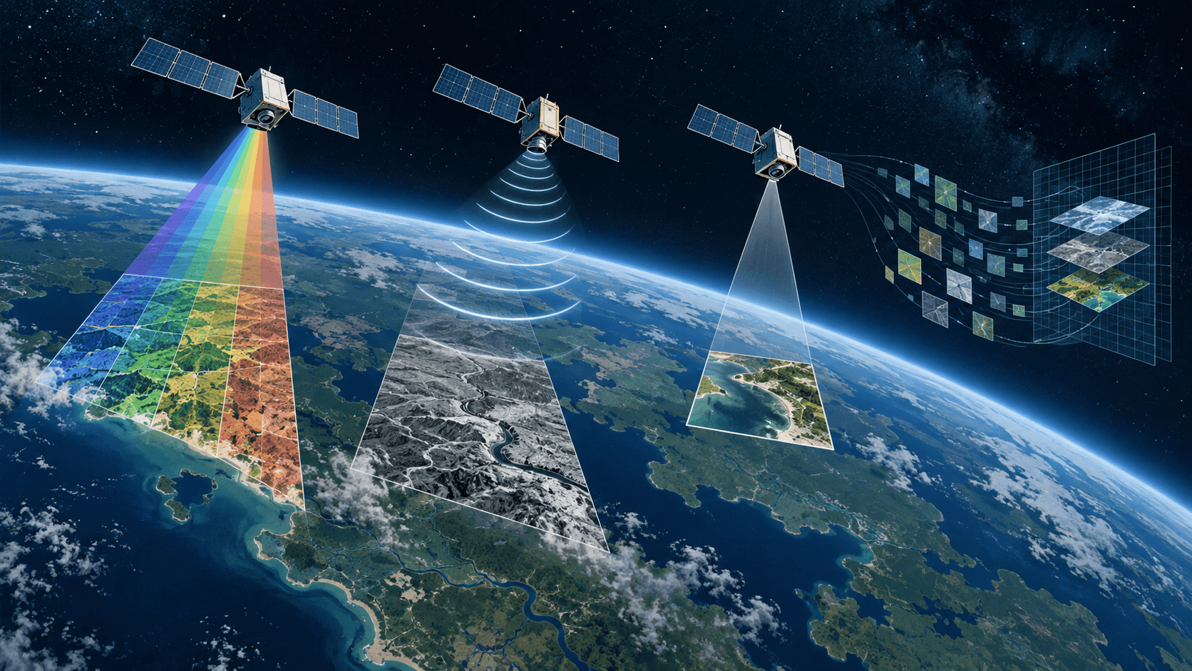 Conceptual illustration of three generic Earth-observation satellites using spectral bands, radar pulses and optical imaging above Earth