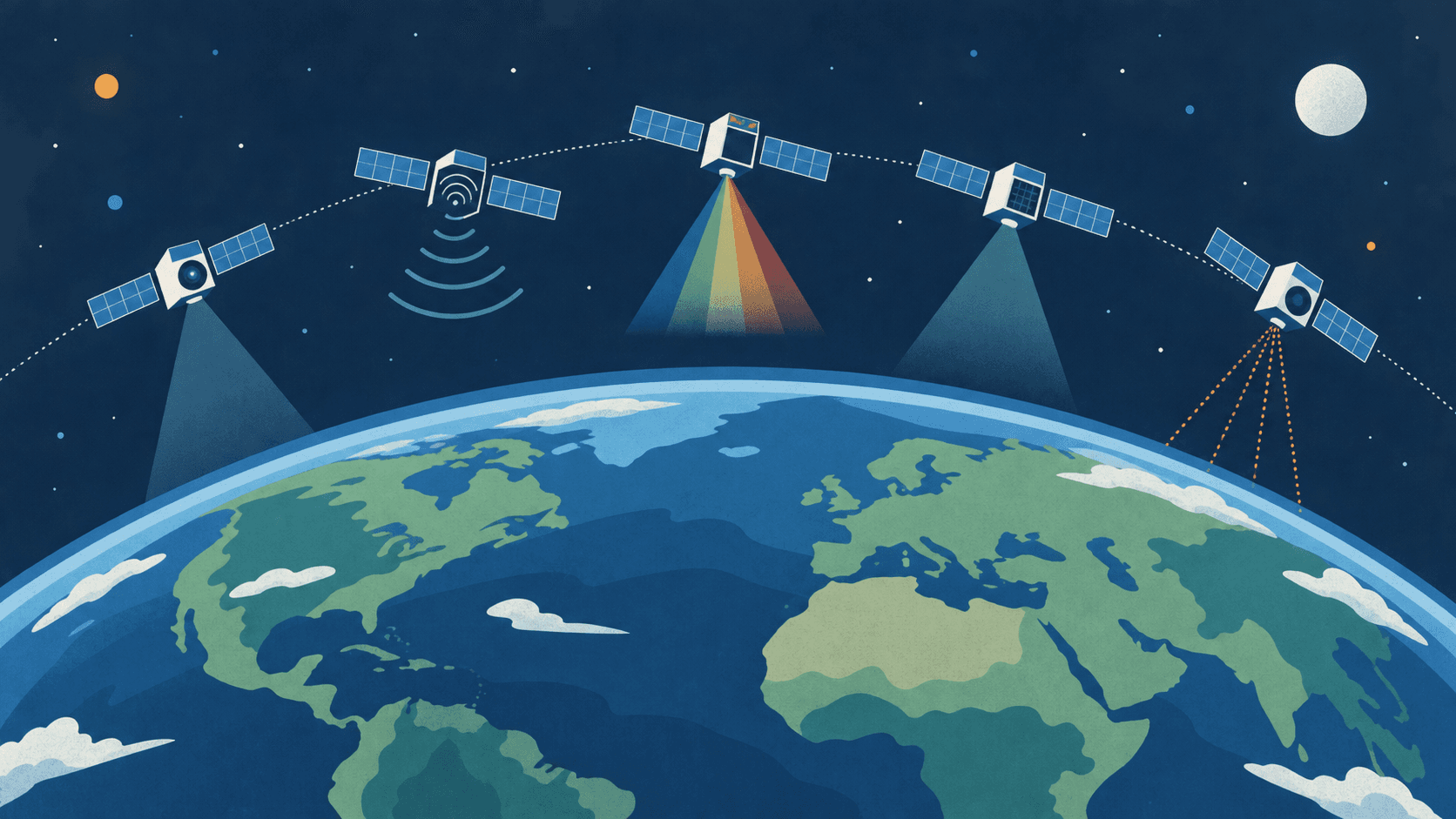 Flat editorial diagram of five generic Earth-observation satellites along an orbital arc above a stylized Earth