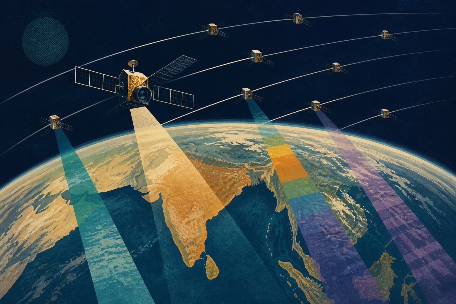 Editorial illustration of a mixed Earth-observation constellation scanning the Indian subcontinent