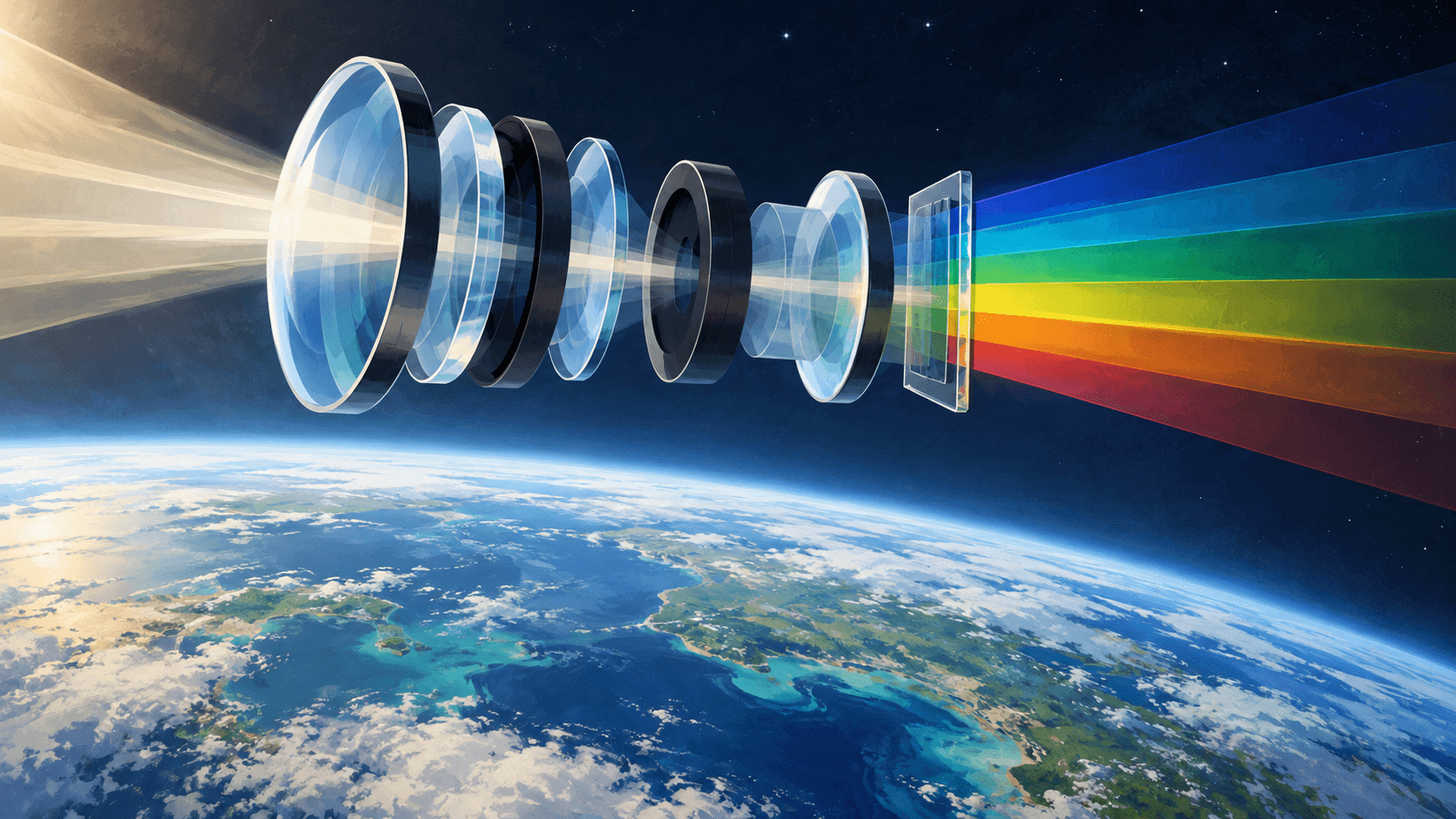 A stylised arrangement of transparent lenses above Earth separates light into coloured bands