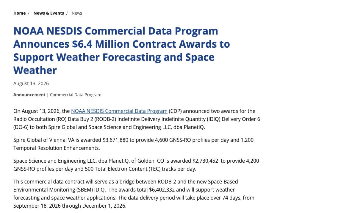NOAA award notice listing the $6.4 million total order and daily radio-occultation deliveries assigned to PlanetiQ and Spire