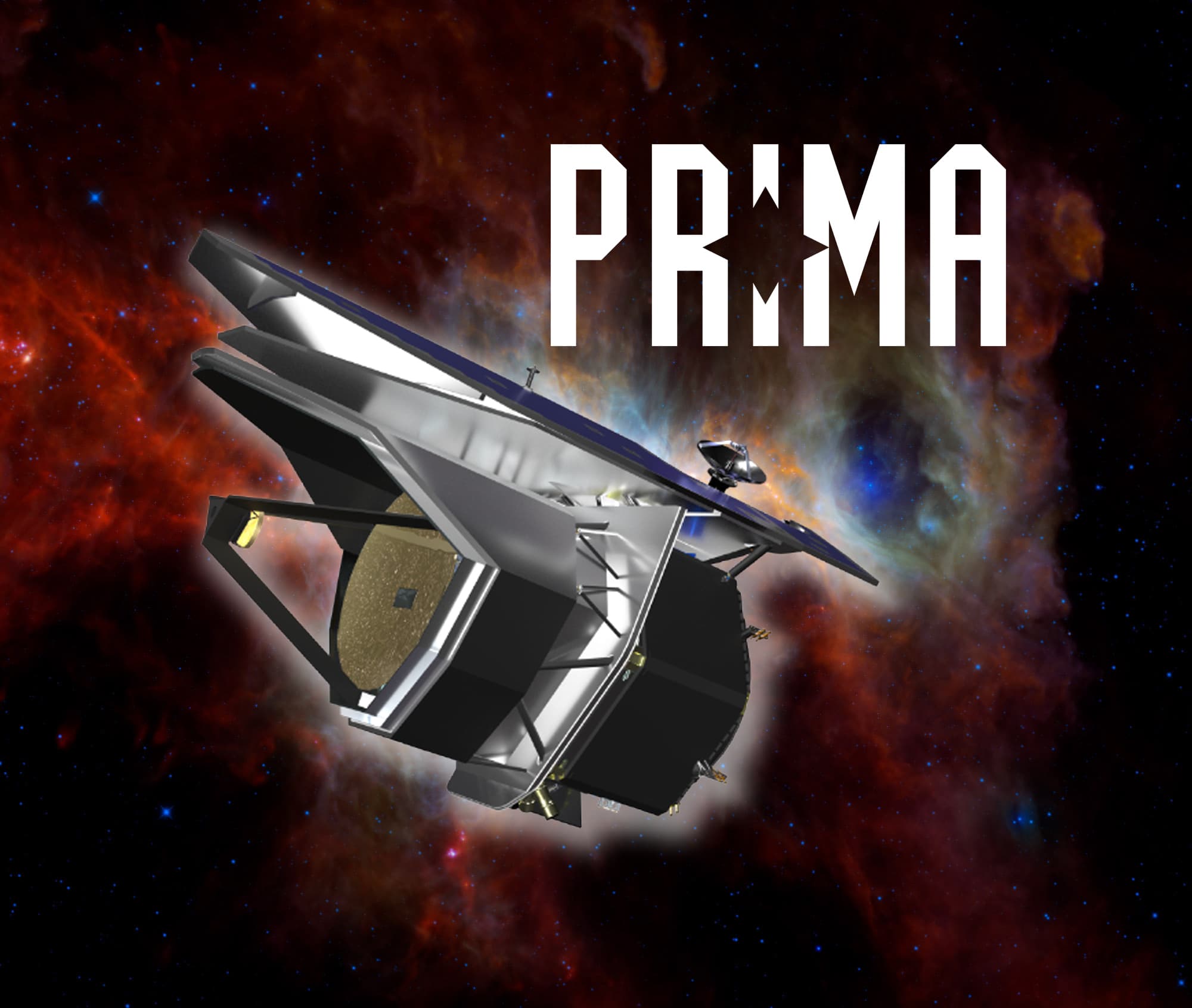 Rendering of the PRIMA telescope with a gold mirror and silver sunshield against a coloured nebula, with the mission name above