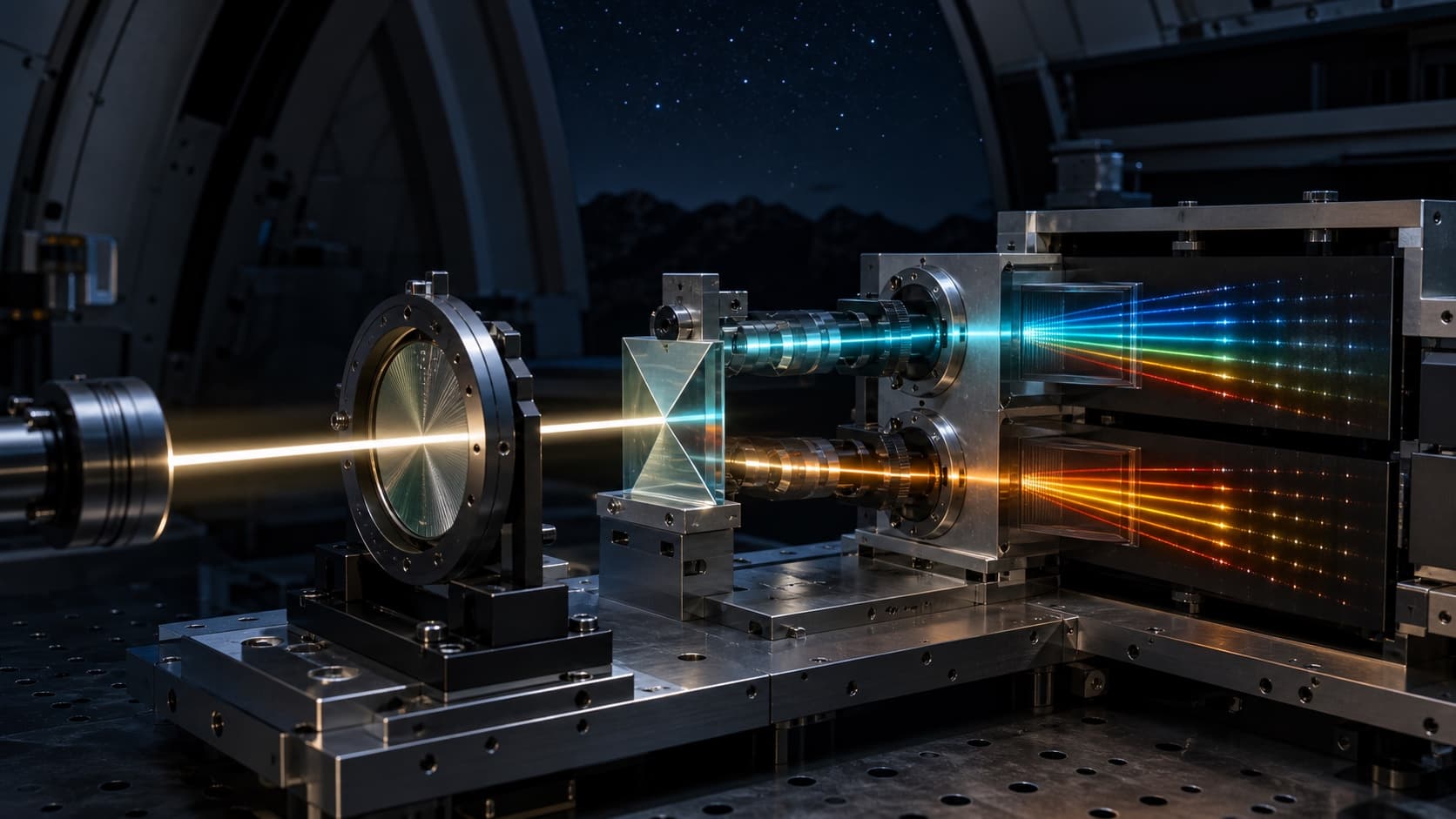 Original conceptual editorial illustration of an optical spectropolarimeter studying starlight