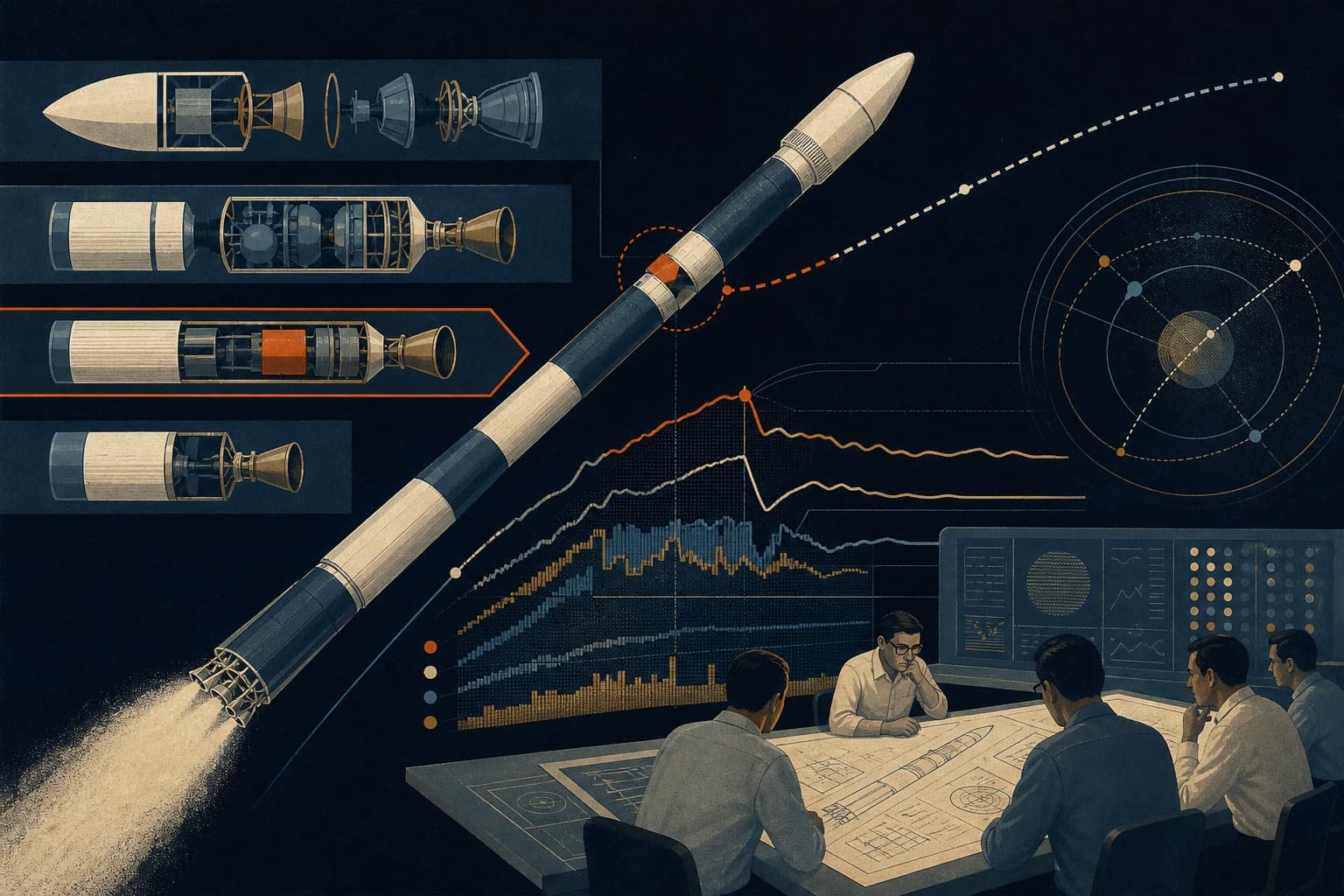 Editorial illustration of engineers reviewing telemetry around the third stage of a launch vehicle