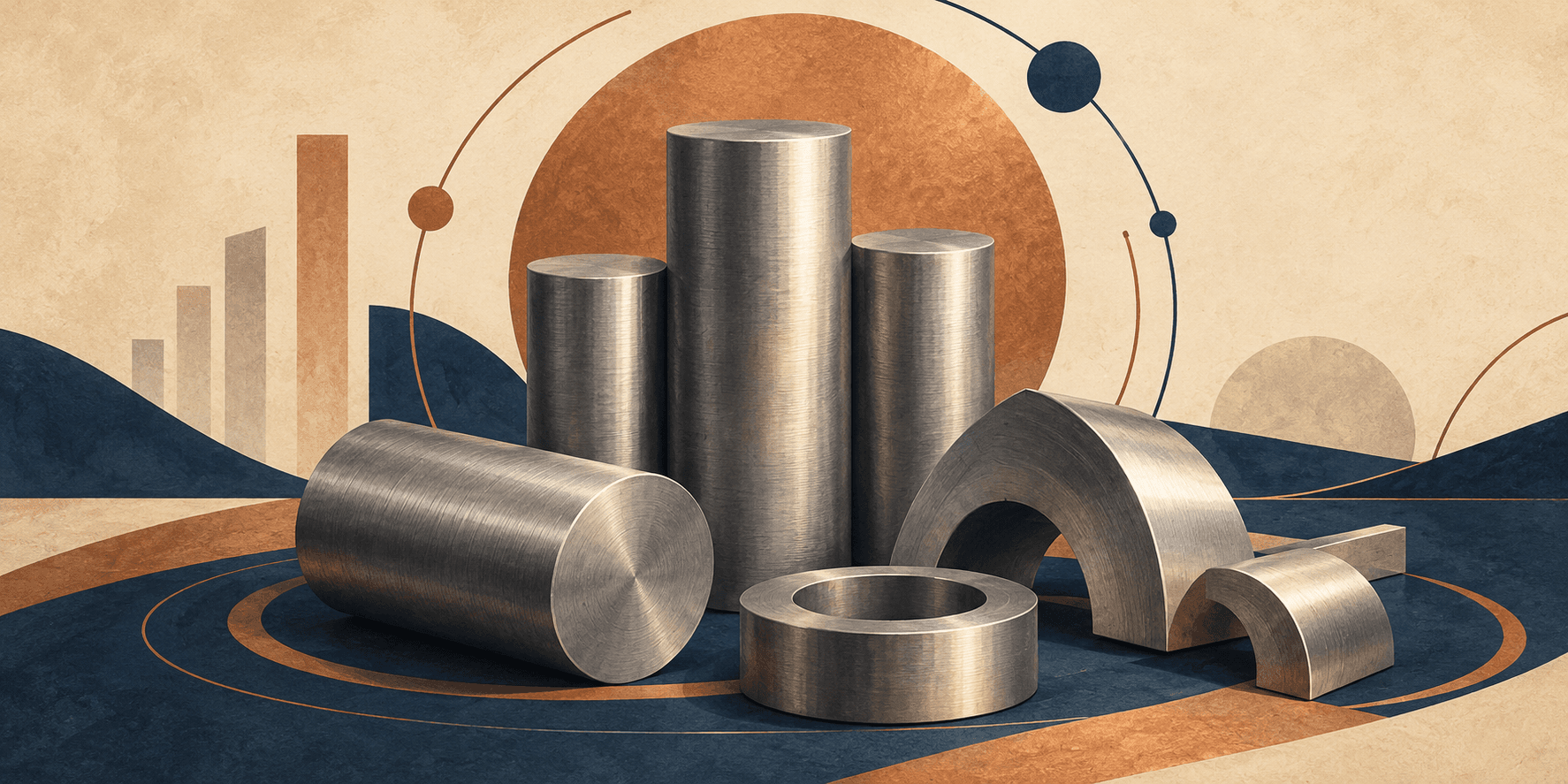 Silver-colored cylindrical ingots, a metal ring and curved metal forms against a warm paper, navy and copper geometric background