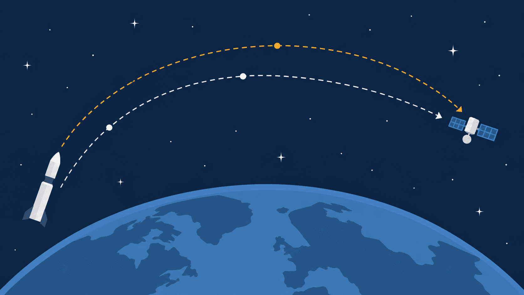 Conceptual flat illustration of a generic rocket icon and a generic satellite icon following separate curved paths above Earth
