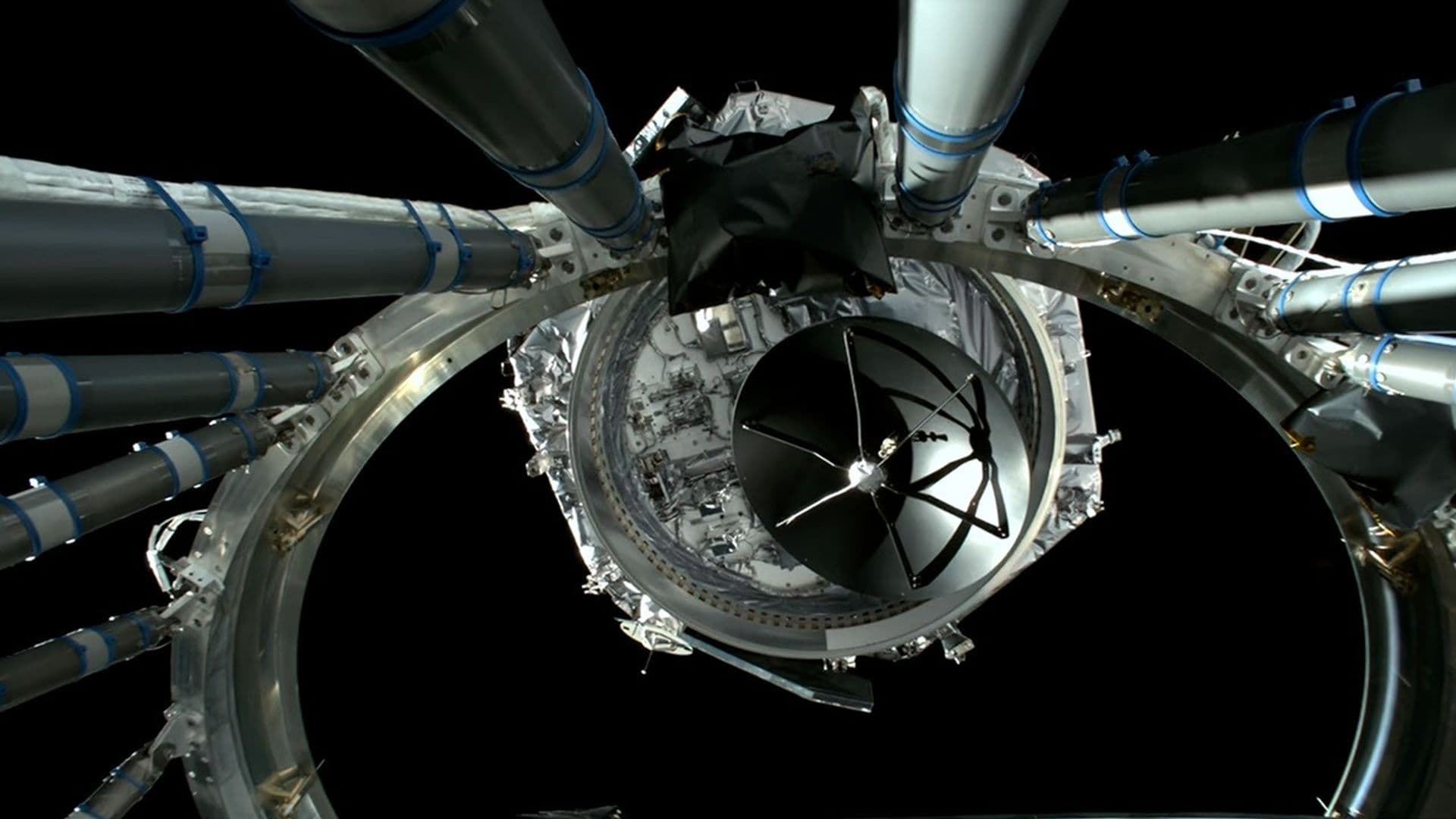 NASA view from the Falcon Heavy upper stage showing the Roman spacecraft after separation against black space