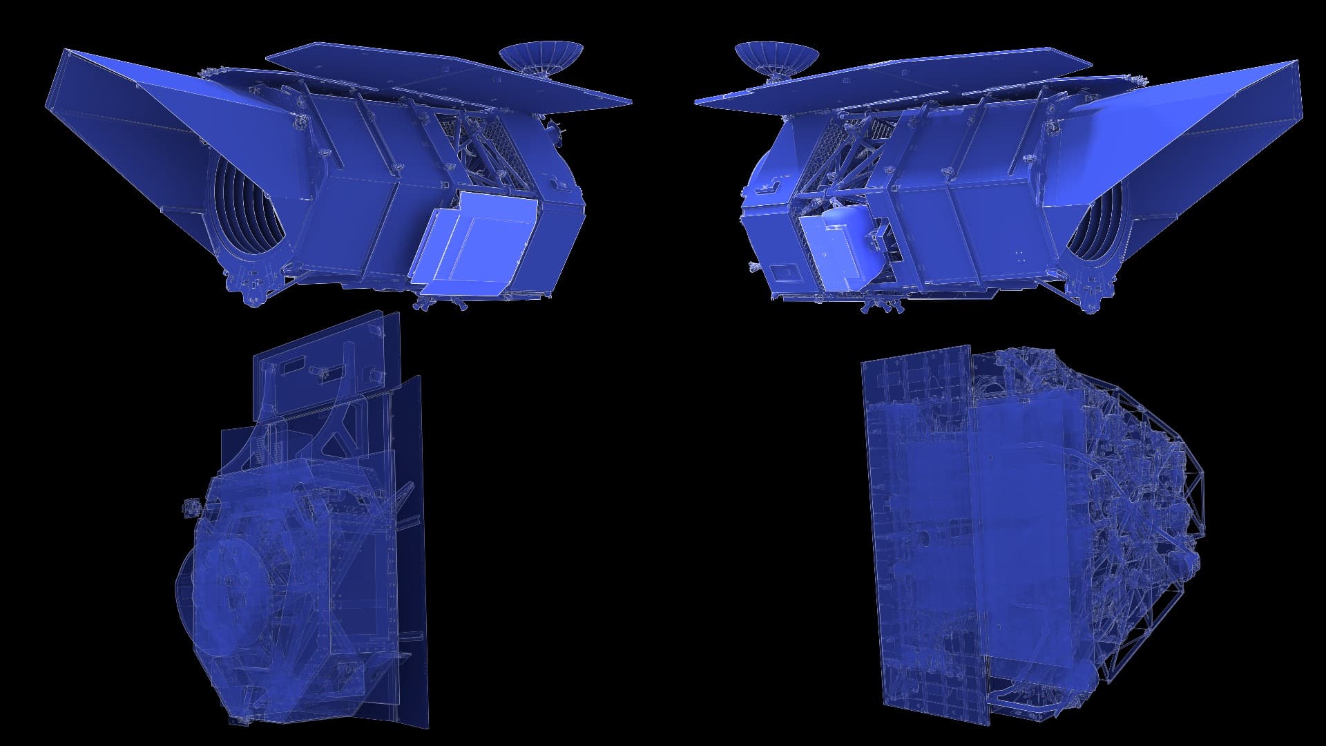 Blue NASA rendering of the Roman Space Telescope’s instrument assembly from four perspectives against a black background