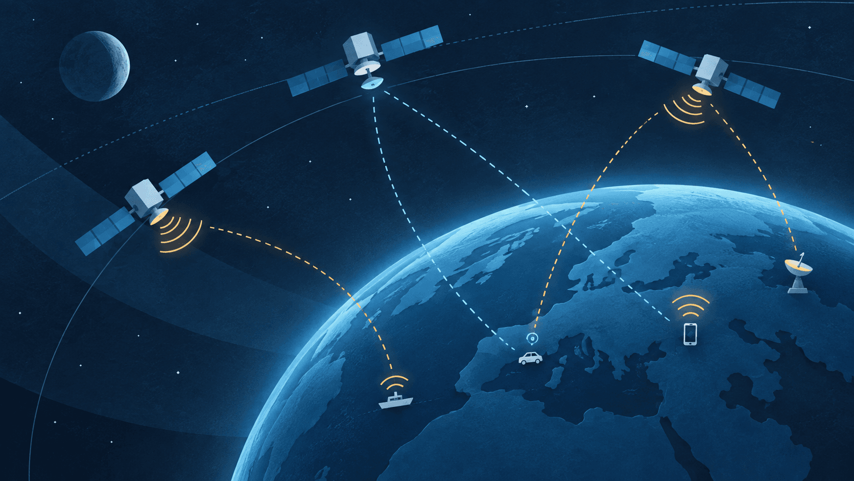 Illustrated satellites above a blue globe with cyan positioning paths and amber communications paths to generic devices
