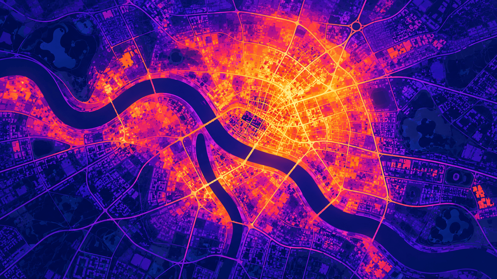 Conceptual overhead city map in purple and orange thermal-style colours