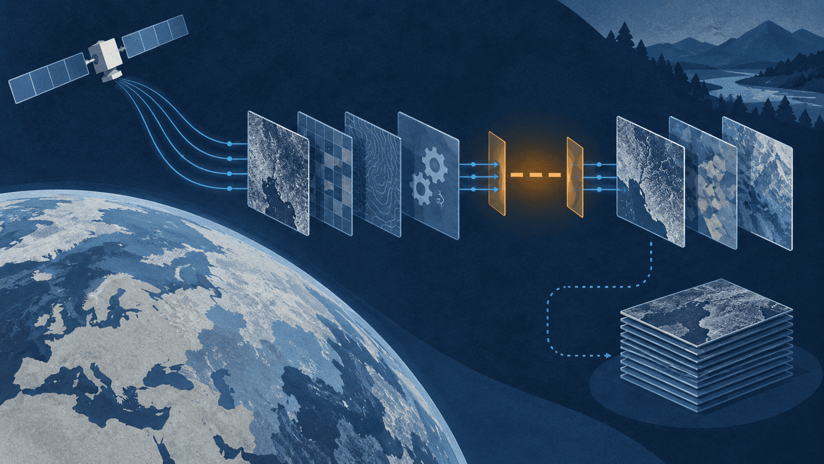 Conceptual satellite data processing pathway with blue data tiles and a small amber interruption