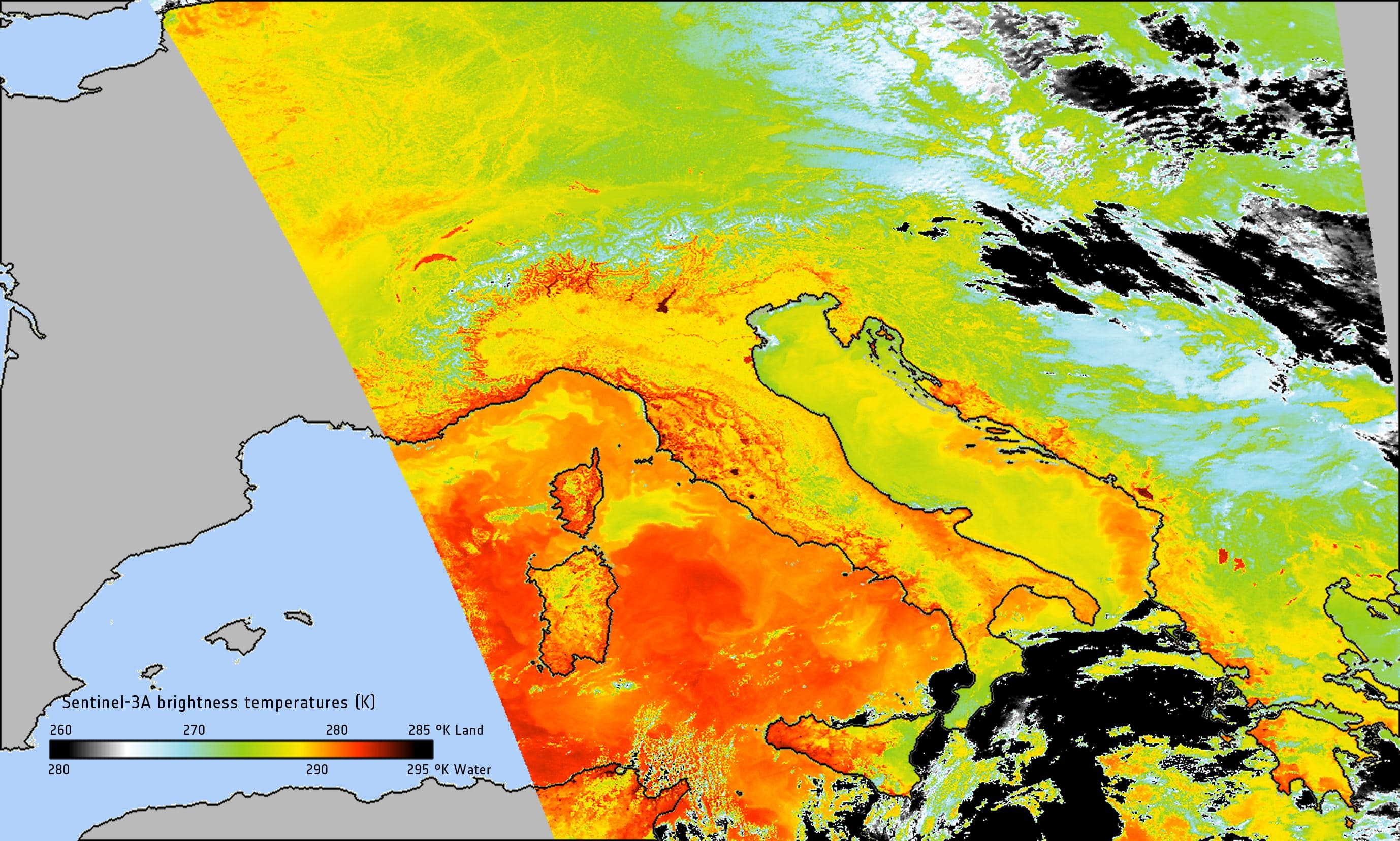 False-colour Sentinel-3A brightness-temperature map spanning France, Italy, Greece and surrounding seas