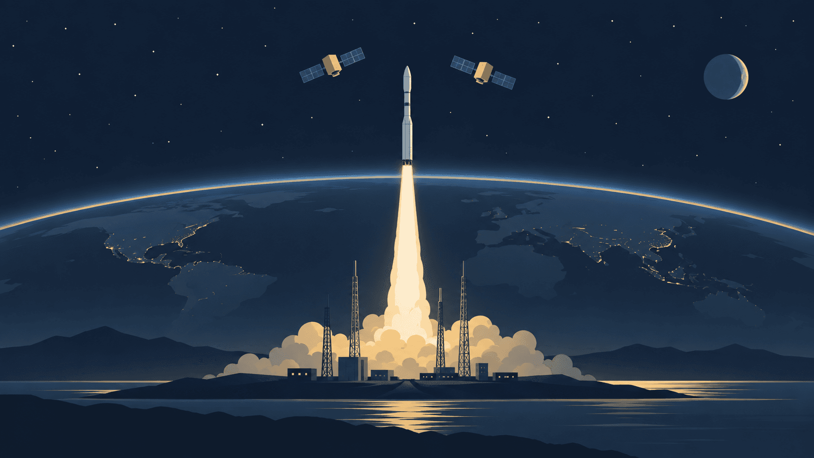 Conceptual illustration of a generic rocket launching with two abstract Earth-observation satellites above Earth
