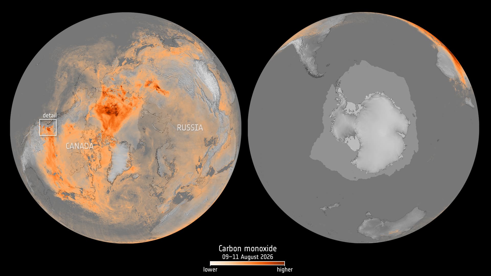 Two globe views with orange carbon-monoxide concentrations across Canada and northern latitudes, and mostly grey concentrations around Antarctica