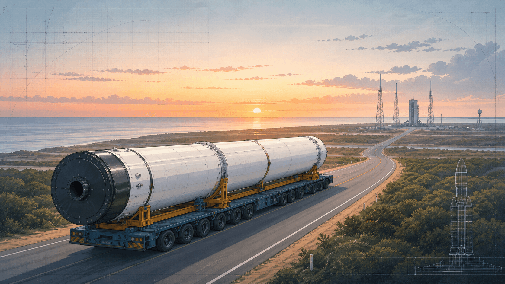 Conceptual illustration of a generic rocket stage on a road transporter approaching a coastal launch range