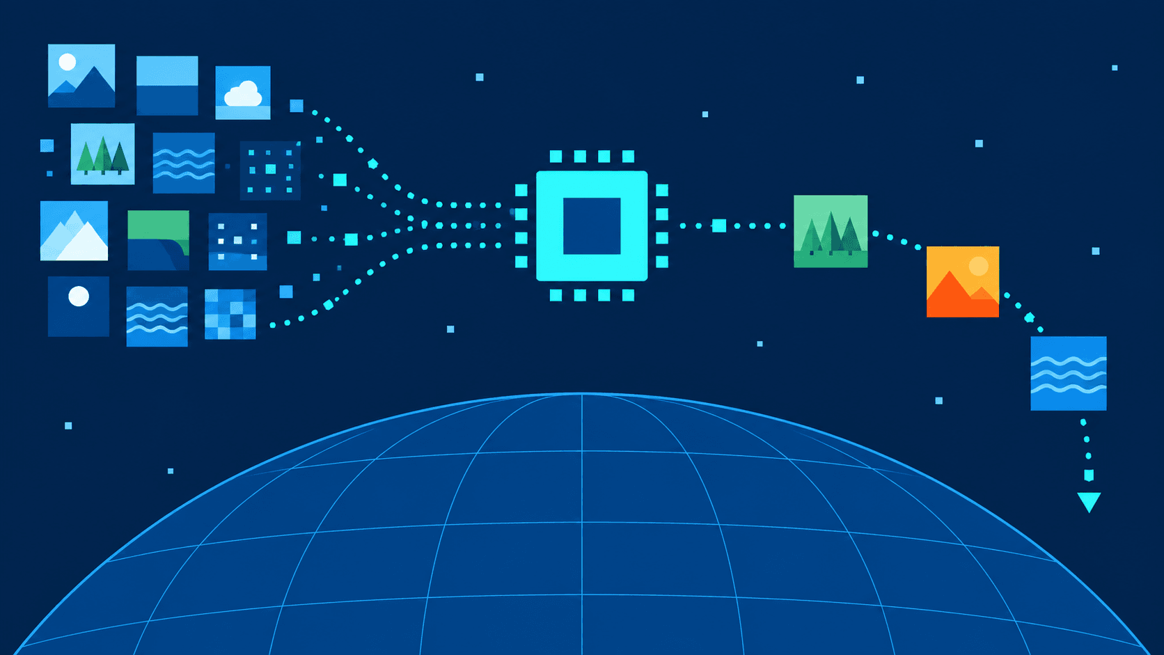 Conceptual flat diagram with image tiles moving through a processor symbol above a gridded Earth arc