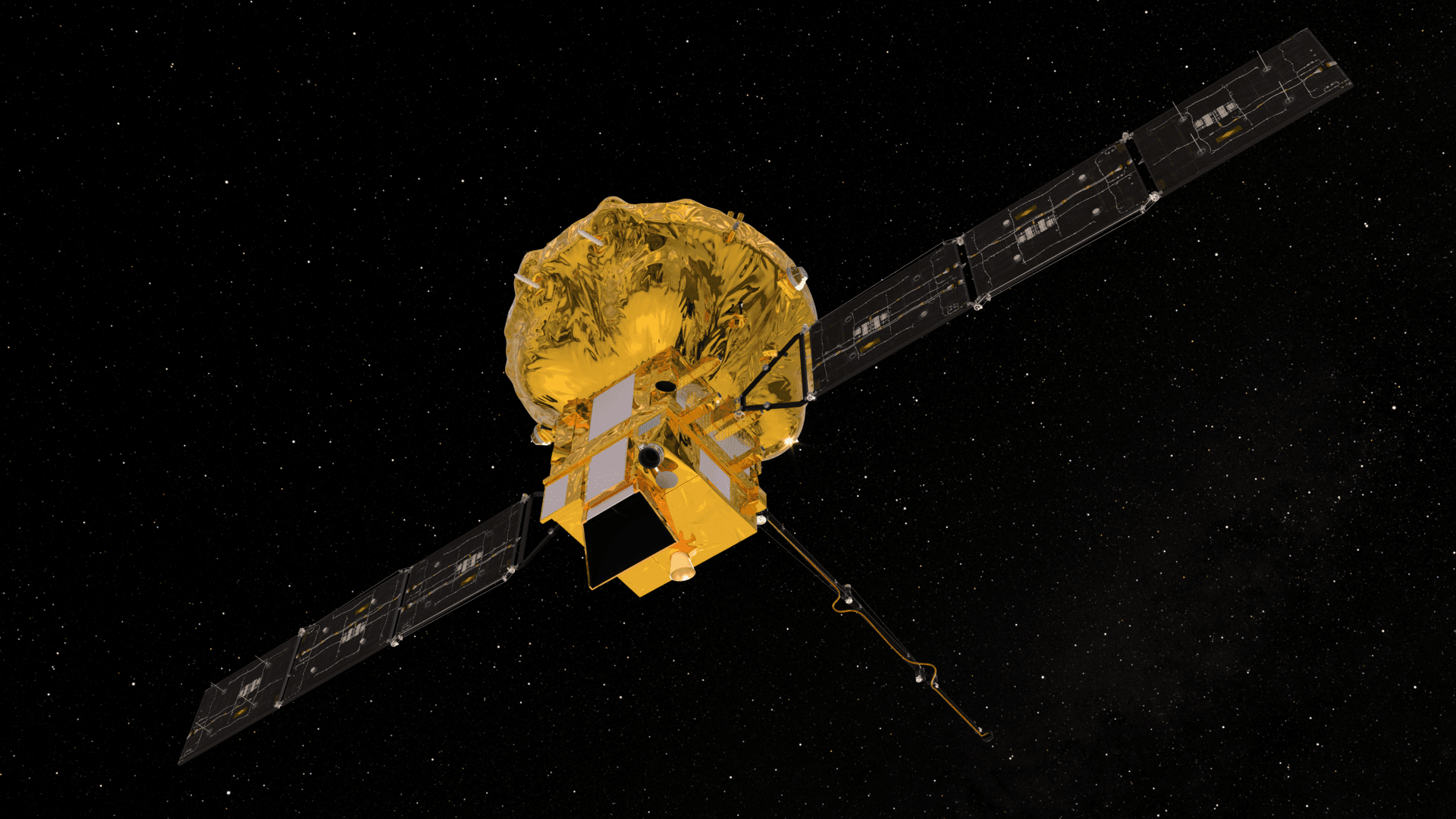 ESA artist’s impression of the Smile spacecraft with a gold body and two long solar arrays against a star field