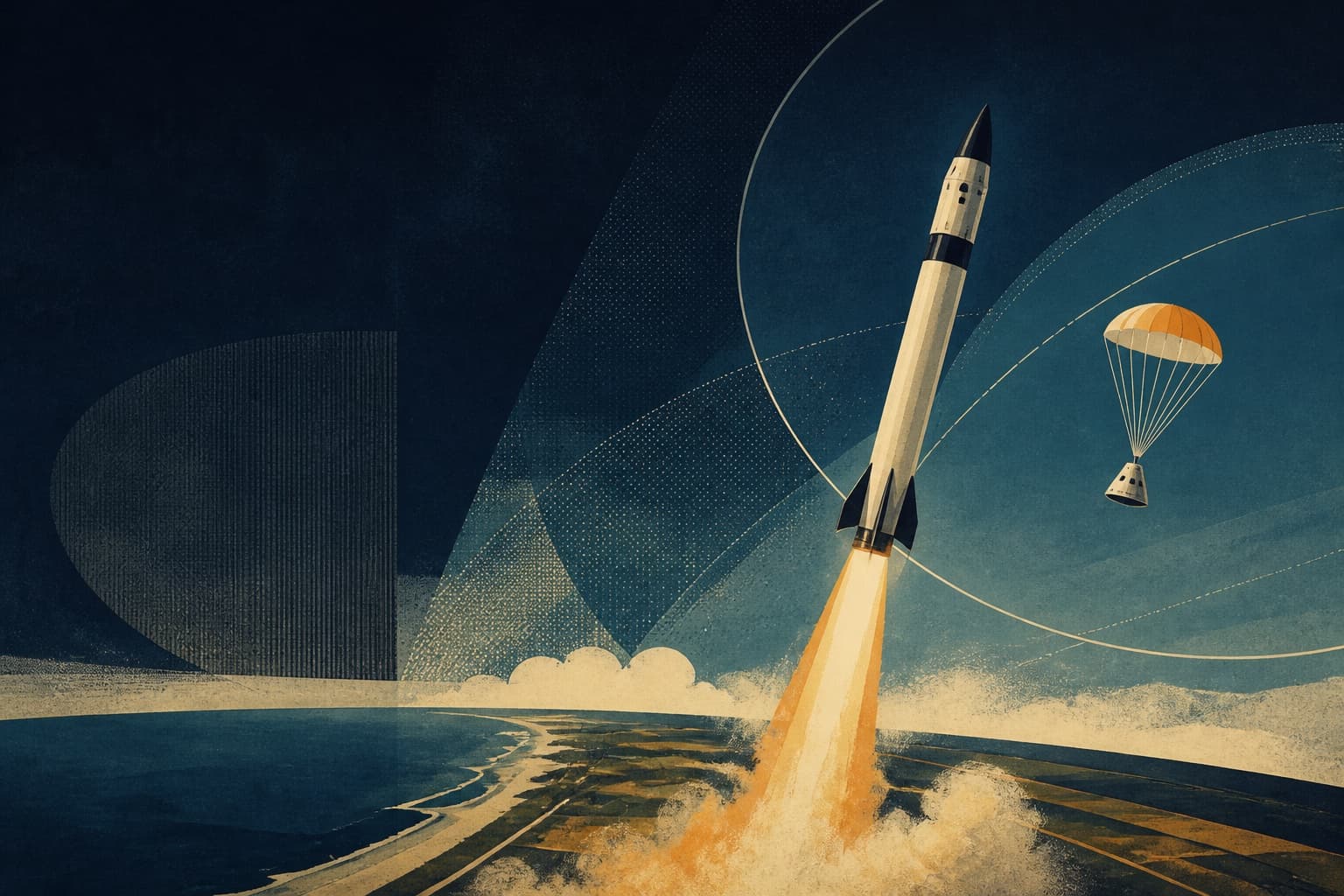 Editorial illustration of the SOLVE test vehicle ascending beside a descending crew capsule