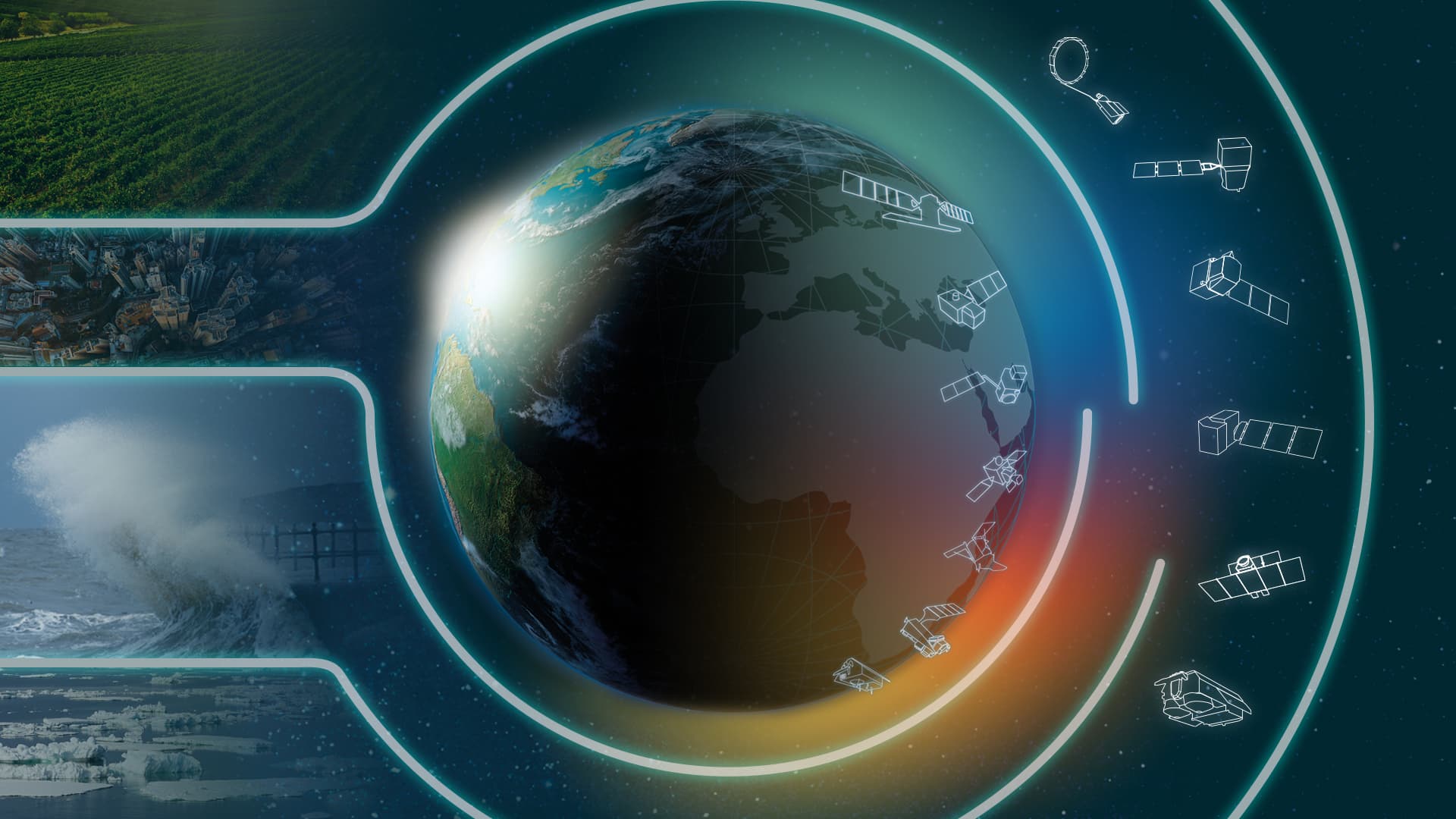 ESA illustration of Earth surrounded by outlines of Copernicus Sentinel satellites, alongside views of fields, a city, ocean waves and ice
