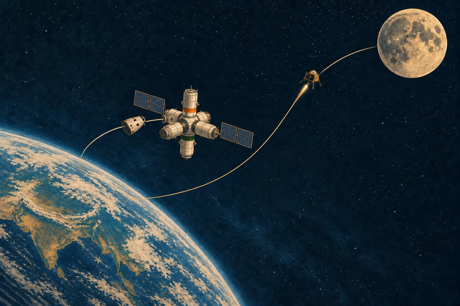 Conceptual illustration of a crew capsule heading from Earth to a modular Indian space station, and a separate lunar lander traveling toward the Moon