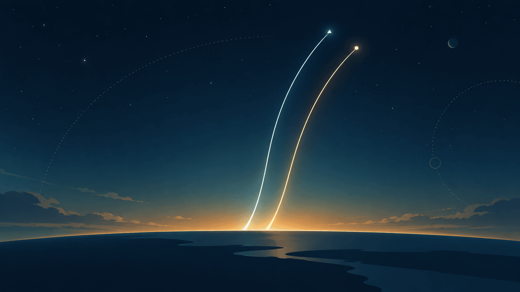 Two luminous curved paths rising from a dark horizon into a blue sky