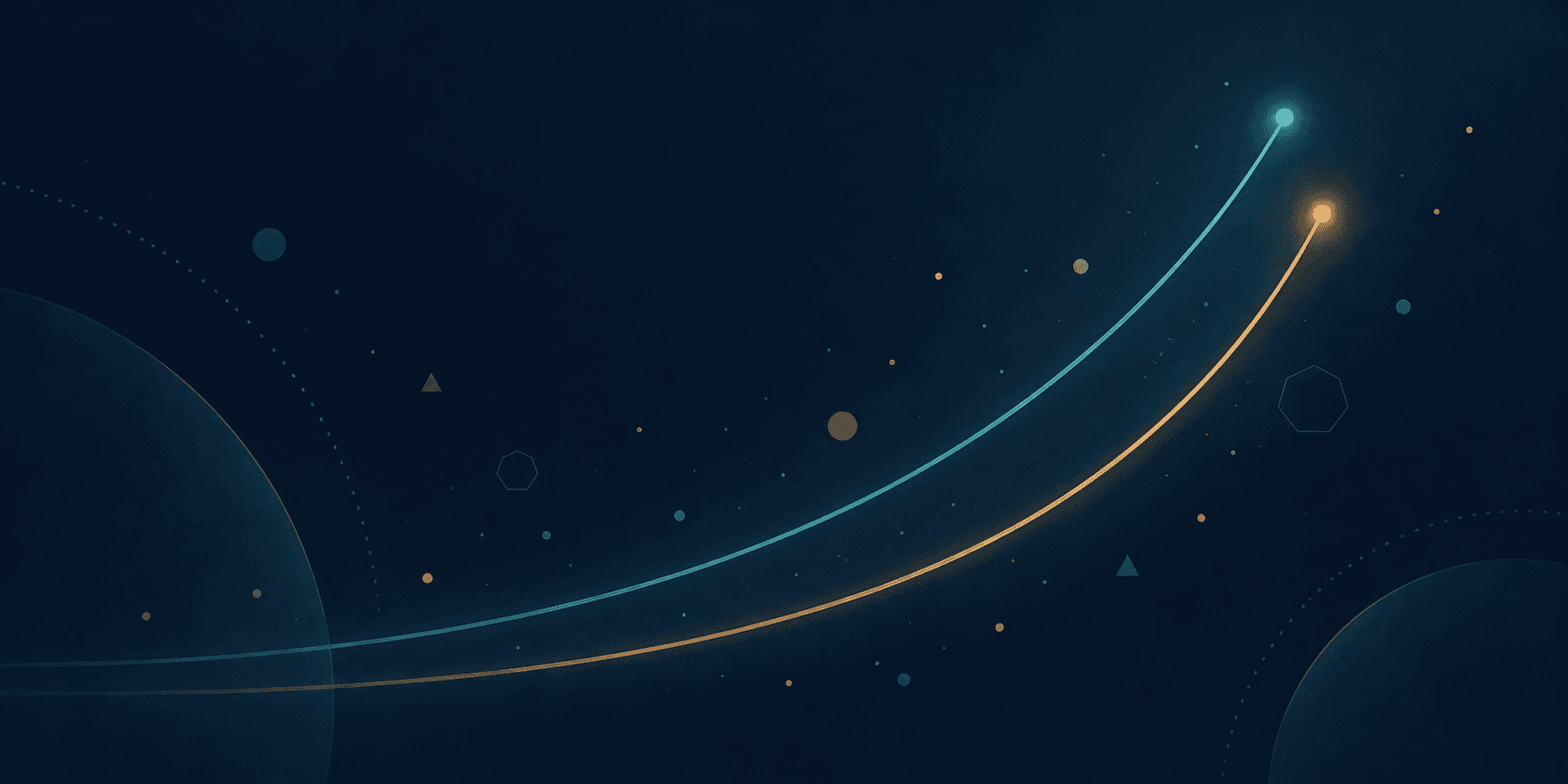 Teal and amber curves rise across a dark blue field scattered with geometric shapes