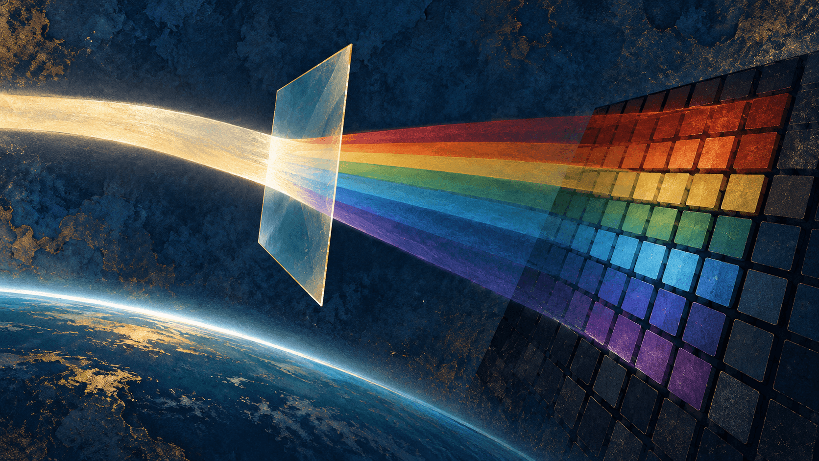 A ribbon of light spreads into rainbow bands across a dark grid above a curved blue horizon