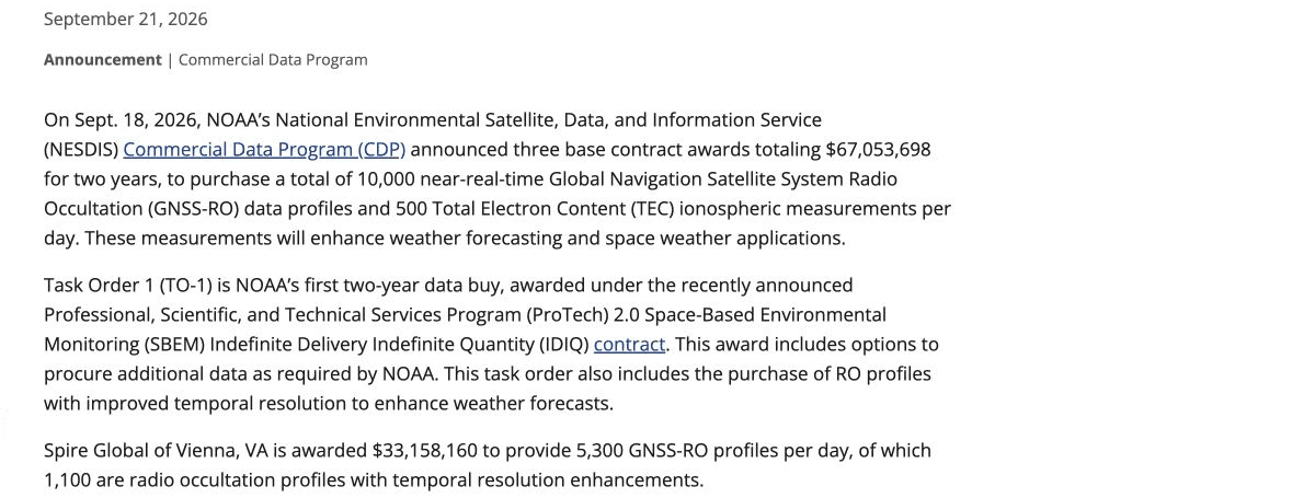NOAA award notice showing Spire’s $33,158,160 base order and 5,300 daily radio-occultation profiles