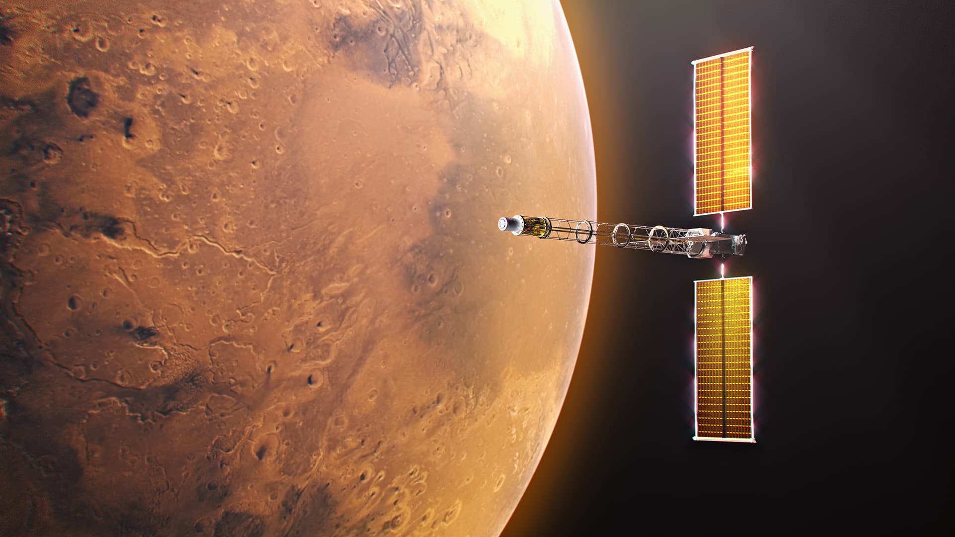 Artist’s rendering of a long-boom spacecraft with gold-coloured rectangular panels beside Mars.