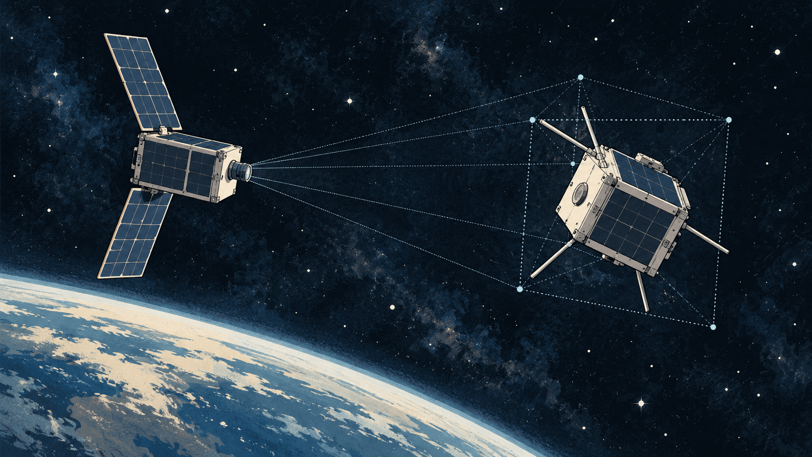 Drawn spacecraft above Earth, with pale perspective lines connecting one craft to a dotted box around the other
