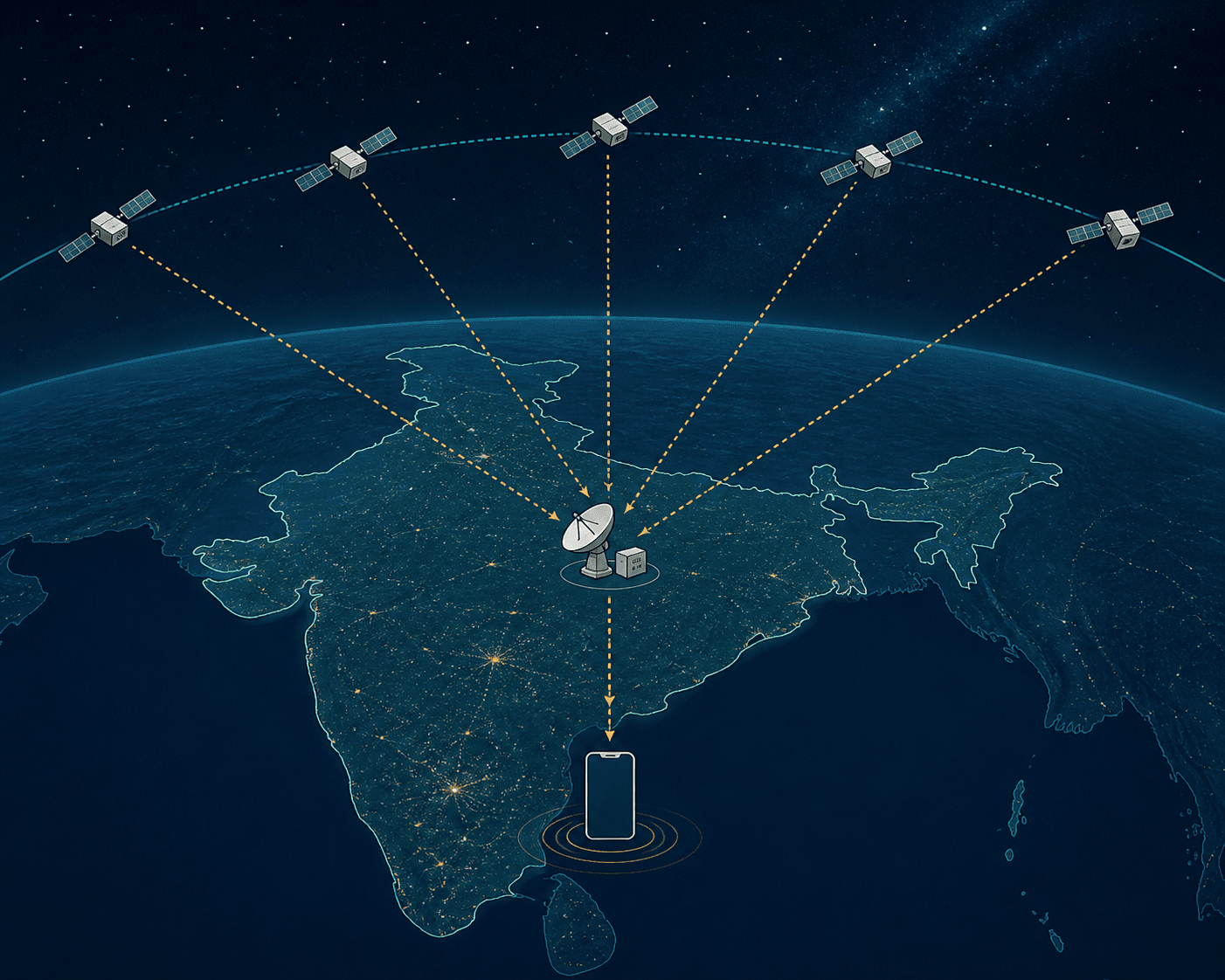 Conceptual illustration of satellites above India linking to a gateway and a generic mobile phone